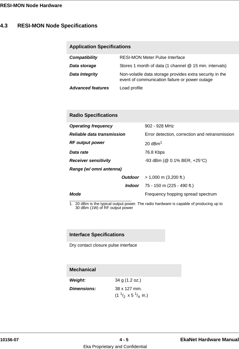 RESI-MON Node Hardware10156-07 4 - 5 EkaNet Hardware ManualEka Proprietary and Confidential4.3 RESI-MON Node SpecificationsApplication Specifications Compatibility  RESI-MON Meter Pulse Interface Data storage  Stores 1 month of data (1 channel @ 15 min. intervals)Data Integrity  Non-volatile data storage provides extra security in the event of communication failure or power outage Advanced features  Load profileRadio Specifications Operating frequency  902 - 928 MHzReliable data transmission  Error detection, correction and retransmission RF output power  20 dBm1 1. 20 dBm is the typical output power. The radio hardware is capable of producing up to 30 dBm (1W) of RF output powerData rate  76.8 KbpsReceiver sensitivity  -93 dBm (@ 0.1% BER, +25°C) Range (w/ omni antenna) Outdoor &gt; 1,000 m (3,200 ft.) Indoor 75 - 150 m (225 - 490 ft.) Mode  Frequency hopping spread spectrum Interface Specifications Dry contact closure pulse interfaceMechanical Weight:  34 g (1.2 oz.) Dimensions:  38 x 127 mm. (1 1/2  x 5 1/4  in.)