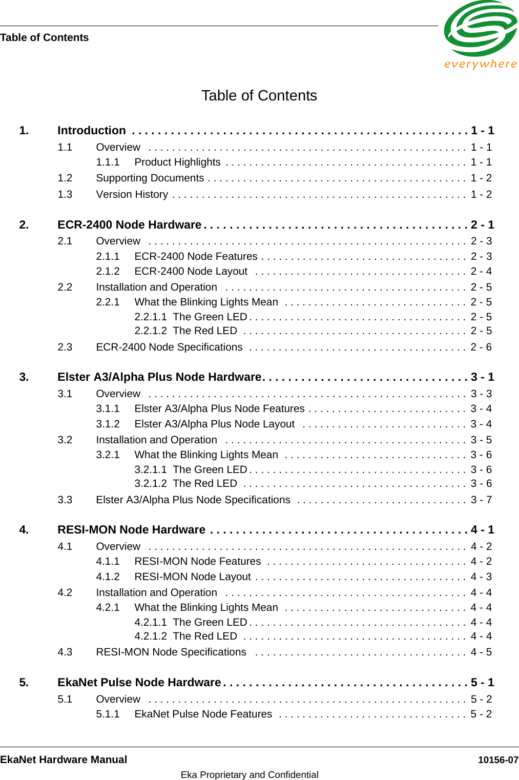 Table of ContentsEkaNet Hardware Manual 10156-07Eka Proprietary and ConfidentialTable of Contents1. Introduction  . . . . . . . . . . . . . . . . . . . . . . . . . . . . . . . . . . . . . . . . . . . . . . . . . . . . 1 - 11.1 Overview   . . . . . . . . . . . . . . . . . . . . . . . . . . . . . . . . . . . . . . . . . . . . . . . . . . . . . .  1 - 11.1.1 Product Highlights  . . . . . . . . . . . . . . . . . . . . . . . . . . . . . . . . . . . . . . . . .  1 - 11.2 Supporting Documents . . . . . . . . . . . . . . . . . . . . . . . . . . . . . . . . . . . . . . . . . . . .  1 - 21.3 Version History . . . . . . . . . . . . . . . . . . . . . . . . . . . . . . . . . . . . . . . . . . . . . . . . . .  1 - 22. ECR-2400 Node Hardware. . . . . . . . . . . . . . . . . . . . . . . . . . . . . . . . . . . . . . . . . 2 - 12.1 Overview   . . . . . . . . . . . . . . . . . . . . . . . . . . . . . . . . . . . . . . . . . . . . . . . . . . . . . .  2 - 32.1.1 ECR-2400 Node Features . . . . . . . . . . . . . . . . . . . . . . . . . . . . . . . . . . .  2 - 32.1.2 ECR-2400 Node Layout   . . . . . . . . . . . . . . . . . . . . . . . . . . . . . . . . . . . .  2 - 42.2 Installation and Operation   . . . . . . . . . . . . . . . . . . . . . . . . . . . . . . . . . . . . . . . . .  2 - 52.2.1 What the Blinking Lights Mean  . . . . . . . . . . . . . . . . . . . . . . . . . . . . . . .  2 - 52.2.1.1 The Green LED . . . . . . . . . . . . . . . . . . . . . . . . . . . . . . . . . . . . .  2 - 52.2.1.2 The Red LED  . . . . . . . . . . . . . . . . . . . . . . . . . . . . . . . . . . . . . .  2 - 52.3 ECR-2400 Node Specifications  . . . . . . . . . . . . . . . . . . . . . . . . . . . . . . . . . . . . .  2 - 63. Elster A3/Alpha Plus Node Hardware. . . . . . . . . . . . . . . . . . . . . . . . . . . . . . . . 3 - 13.1 Overview   . . . . . . . . . . . . . . . . . . . . . . . . . . . . . . . . . . . . . . . . . . . . . . . . . . . . . .  3 - 33.1.1 Elster A3/Alpha Plus Node Features . . . . . . . . . . . . . . . . . . . . . . . . . . .  3 - 43.1.2 Elster A3/Alpha Plus Node Layout   . . . . . . . . . . . . . . . . . . . . . . . . . . . .  3 - 43.2 Installation and Operation   . . . . . . . . . . . . . . . . . . . . . . . . . . . . . . . . . . . . . . . . .  3 - 53.2.1 What the Blinking Lights Mean  . . . . . . . . . . . . . . . . . . . . . . . . . . . . . . .  3 - 63.2.1.1 The Green LED . . . . . . . . . . . . . . . . . . . . . . . . . . . . . . . . . . . . .  3 - 63.2.1.2 The Red LED  . . . . . . . . . . . . . . . . . . . . . . . . . . . . . . . . . . . . . .  3 - 63.3 Elster A3/Alpha Plus Node Specifications  . . . . . . . . . . . . . . . . . . . . . . . . . . . . .  3 - 74. RESI-MON Node Hardware . . . . . . . . . . . . . . . . . . . . . . . . . . . . . . . . . . . . . . . . 4 - 14.1 Overview   . . . . . . . . . . . . . . . . . . . . . . . . . . . . . . . . . . . . . . . . . . . . . . . . . . . . . .  4 - 24.1.1 RESI-MON Node Features  . . . . . . . . . . . . . . . . . . . . . . . . . . . . . . . . . .  4 - 24.1.2 RESI-MON Node Layout . . . . . . . . . . . . . . . . . . . . . . . . . . . . . . . . . . . .  4 - 34.2 Installation and Operation   . . . . . . . . . . . . . . . . . . . . . . . . . . . . . . . . . . . . . . . . .  4 - 44.2.1 What the Blinking Lights Mean  . . . . . . . . . . . . . . . . . . . . . . . . . . . . . . .  4 - 44.2.1.1 The Green LED . . . . . . . . . . . . . . . . . . . . . . . . . . . . . . . . . . . . .  4 - 44.2.1.2 The Red LED  . . . . . . . . . . . . . . . . . . . . . . . . . . . . . . . . . . . . . .  4 - 44.3 RESI-MON Node Specifications   . . . . . . . . . . . . . . . . . . . . . . . . . . . . . . . . . . . .  4 - 55. EkaNet Pulse Node Hardware. . . . . . . . . . . . . . . . . . . . . . . . . . . . . . . . . . . . . . 5 - 15.1 Overview   . . . . . . . . . . . . . . . . . . . . . . . . . . . . . . . . . . . . . . . . . . . . . . . . . . . . . .  5 - 25.1.1 EkaNet Pulse Node Features  . . . . . . . . . . . . . . . . . . . . . . . . . . . . . . . .  5 - 2