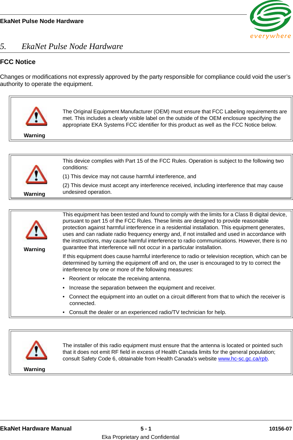 EkaNet Pulse Node HardwareEkaNet Hardware Manual 5 - 1 10156-07Eka Proprietary and Confidential5. EkaNet Pulse Node Hardware FCC NoticeChanges or modifications not expressly approved by the party responsible for compliance could void the user’s authority to operate the equipment.WarningThe Original Equipment Manufacturer (OEM) must ensure that FCC Labeling requirements are met. This includes a clearly visible label on the outside of the OEM enclosure specifying the appropriate EKA Systems FCC identifier for this product as well as the FCC Notice below.WarningThis device complies with Part 15 of the FCC Rules. Operation is subject to the following two conditions:(1) This device may not cause harmful interference, and(2) This device must accept any interference received, including interference that may cause undesired operation.WarningThis equipment has been tested and found to comply with the limits for a Class B digital device, pursuant to part 15 of the FCC Rules. These limits are designed to provide reasonable protection against harmful interference in a residential installation. This equipment generates, uses and can radiate radio frequency energy and, if not installed and used in accordance with the instructions, may cause harmful interference to radio communications. However, there is no guarantee that interference will not occur in a particular installation. If this equipment does cause harmful interference to radio or television reception, which can be determined by turning the equipment off and on, the user is encouraged to try to correct the interference by one or more of the following measures:  • Reorient or relocate the receiving antenna. • Increase the separation between the equipment and receiver. • Connect the equipment into an outlet on a circuit different from that to which the receiver is connected. • Consult the dealer or an experienced radio/TV technician for help.WarningThe installer of this radio equipment must ensure that the antenna is located or pointed such that it does not emit RF field in excess of Health Canada limits for the general population; consult Safety Code 6, obtainable from Health Canada&apos;s website www.hc-sc.gc.ca/rpb. 