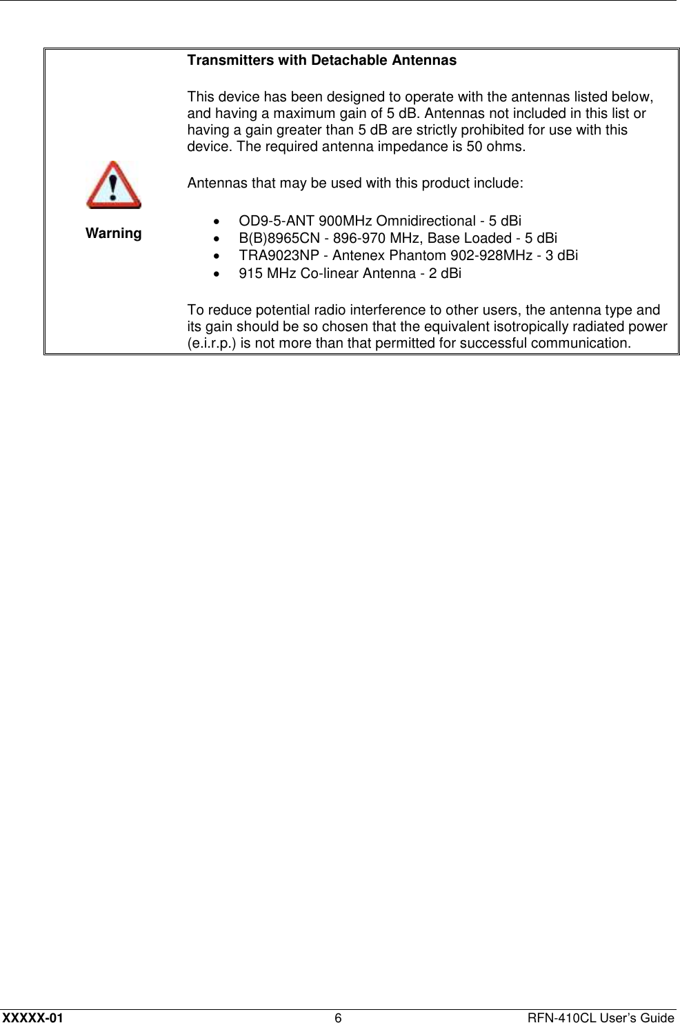  XXXXX-01 6  RFN-410CL User’s Guide   Warning Transmitters with Detachable Antennas  This device has been designed to operate with the antennas listed below, and having a maximum gain of 5 dB. Antennas not included in this list or having a gain greater than 5 dB are strictly prohibited for use with this device. The required antenna impedance is 50 ohms.  Antennas that may be used with this product include:   OD9-5-ANT 900MHz Omnidirectional - 5 dBi    B(B)8965CN - 896-970 MHz, Base Loaded - 5 dBi   TRA9023NP - Antenex Phantom 902-928MHz - 3 dBi  915 MHz Co-linear Antenna - 2 dBi To reduce potential radio interference to other users, the antenna type and its gain should be so chosen that the equivalent isotropically radiated power (e.i.r.p.) is not more than that permitted for successful communication.  