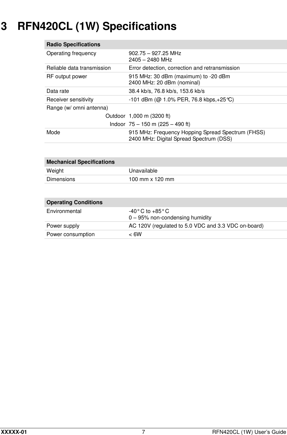  XXXXX-01 7  RFN420CL (1W) User’s Guide 3  RFN420CL (1W) Specifications Radio Specifications Operating frequency 902.75 – 927.25 MHz  2405 – 2480 MHz Reliable data transmission Error detection, correction and retransmission  RF output power 915 MHz: 30 dBm (maximum) to -20 dBm  2400 MHz: 20 dBm (nominal) Data rate 38.4 kb/s, 76.8 kb/s, 153.6 kb/s  Receiver sensitivity -101 dBm (@ 1.0% PER, 76.8 kbps,+25°C) Range (w/ omni antenna)  Outdoor 1,000 m (3200 ft) Indoor 75 – 150 m (225 – 490 ft) Mode 915 MHz: Frequency Hopping Spread Spectrum (FHSS) 2400 MHz: Digital Spread Spectrum (DSS)  Mechanical Specifications Weight Unavailable Dimensions 100 mm x 120 mm  Operating Conditions Environmental -40° C to +85° C 0 – 95% non-condensing humidity Power supply AC 120V (regulated to 5.0 VDC and 3.3 VDC on-board) Power consumption &lt; 6W  