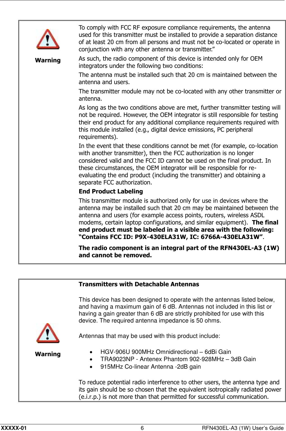  XXXXX-01 6  RFN430EL-A3 (1W) User’s Guide    Warning To comply with FCC RF exposure compliance requirements, the antenna used for this transmitter must be installed to provide a separation distance of at least 20 cm from all persons and must not be co-located or operate in conjunction with any other antenna or transmitter.” As such, the radio component of this device is intended only for OEM integrators under the following two conditions: The antenna must be installed such that 20 cm is maintained between the antenna and users. The transmitter module may not be co-located with any other transmitter or antenna. As long as the two conditions above are met, further transmitter testing will not be required. However, the OEM integrator is still responsible for testing their end product for any additional compliance requirements required with this module installed (e.g., digital device emissions, PC peripheral requirements). In the event that these conditions cannot be met (for example, co-location with another transmitter), then the FCC authorization is no longer considered valid and the FCC ID cannot be used on the final product. In these circumstances, the OEM integrator will be responsible for re-evaluating the end product (including the transmitter) and obtaining a separate FCC authorization. End Product Labeling This transmitter module is authorized only for use in devices where the antenna may be installed such that 20 cm may be maintained between the antenna and users (for example access points, routers, wireless ASDL modems, certain laptop configurations, and similar equipment).  The final end product must be labeled in a visible area with the following: “Contains FCC ID: P9X-430ELA31W, IC: 6766A-430ELA31W”. The radio component is an integral part of the RFN430EL-A3 (1W) and cannot be removed.    Warning Transmitters with Detachable Antennas  This device has been designed to operate with the antennas listed below, and having a maximum gain of 6 dB. Antennas not included in this list or having a gain greater than 6 dB are strictly prohibited for use with this device. The required antenna impedance is 50 ohms.  Antennas that may be used with this product include:   HGV-906U 900MHz Omnidirectional – 6dBi Gain   TRA9023NP - Antenex Phantom 902-928MHz – 3dB Gain   915MHz Co-linear Antenna -2dB gain To reduce potential radio interference to other users, the antenna type and its gain should be so chosen that the equivalent isotropically radiated power (e.i.r.p.) is not more than that permitted for successful communication.   