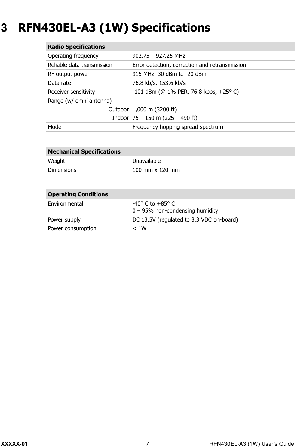  XXXXX-01 7  RFN430EL-A3 (1W) User’s Guide 3  RFN430EL-A3 (1W) Specifications Radio Specifications Operating frequency 902.75 – 927.25 MHz  Reliable data transmission Error detection, correction and retransmission  RF output power 915 MHz: 30 dBm to -20 dBm  Data rate 76.8 kb/s, 153.6 kb/s  Receiver sensitivity -101 dBm (@ 1% PER, 76.8 kbps, +25° C) Range (w/ omni antenna)  Outdoor 1,000 m (3200 ft) Indoor 75 – 150 m (225 – 490 ft) Mode Frequency hopping spread spectrum  Mechanical Specifications Weight Unavailable Dimensions 100 mm x 120 mm  Operating Conditions Environmental -40° C to +85° C 0 – 95% non-condensing humidity Power supply DC 13.5V (regulated to 3.3 VDC on-board) Power consumption &lt; 1W  