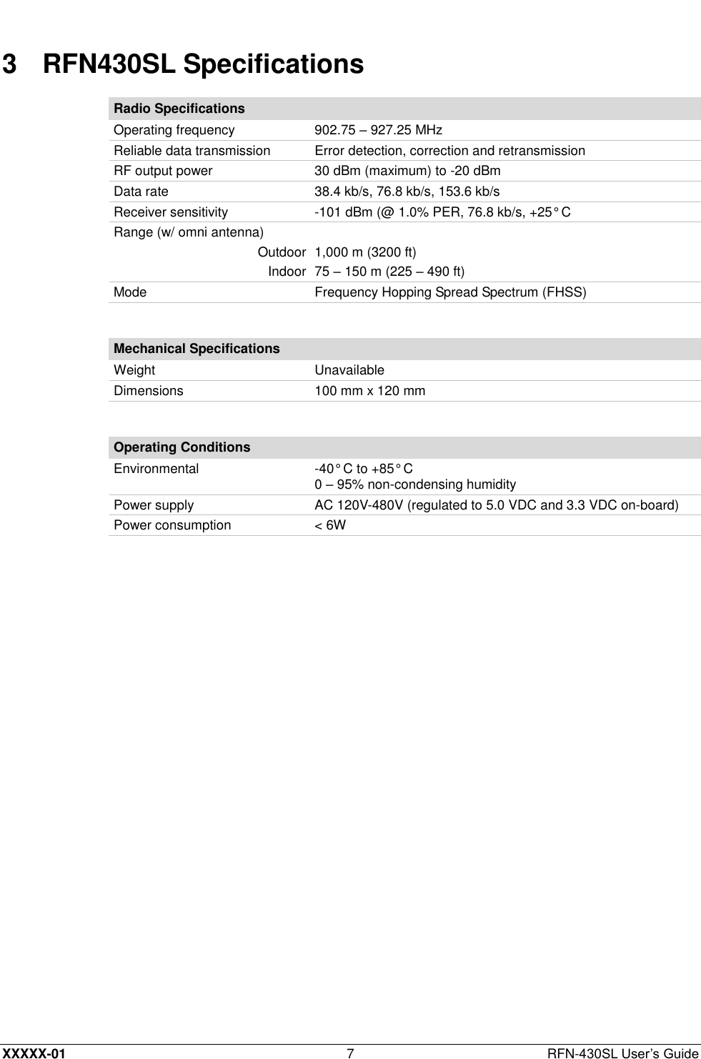  XXXXX-01 7  RFN-430SL User’s Guide 3  RFN430SL Specifications Radio Specifications Operating frequency 902.75 – 927.25 MHz Reliable data transmission Error detection, correction and retransmission  RF output power 30 dBm (maximum) to -20 dBm Data rate 38.4 kb/s, 76.8 kb/s, 153.6 kb/s  Receiver sensitivity -101 dBm (@ 1.0% PER, 76.8 kb/s, +25° C Range (w/ omni antenna)  Outdoor 1,000 m (3200 ft) Indoor 75 – 150 m (225 – 490 ft) Mode Frequency Hopping Spread Spectrum (FHSS)  Mechanical Specifications Weight Unavailable Dimensions 100 mm x 120 mm  Operating Conditions Environmental -40° C to +85° C 0 – 95% non-condensing humidity Power supply AC 120V-480V (regulated to 5.0 VDC and 3.3 VDC on-board) Power consumption &lt; 6W  