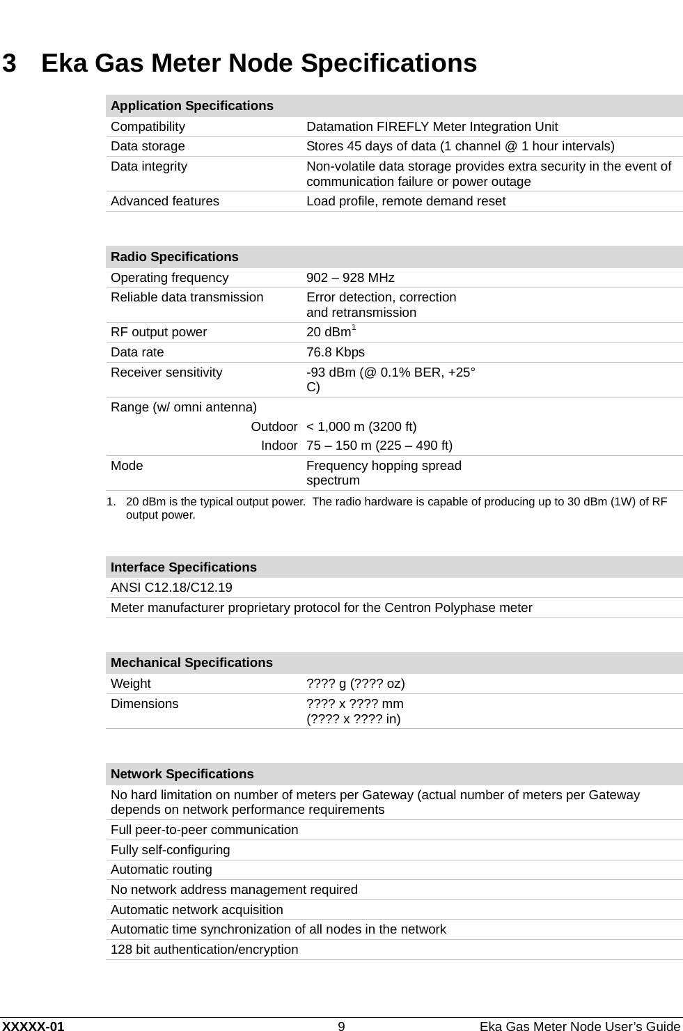  XXXXX-01  9  Eka Gas Meter Node User’s Guide 3  Eka Gas Meter Node Specifications Application SpecificationsCompatibility  Datamation FIREFLY Meter Integration Unit Data storage  Stores 45 days of data (1 channel @ 1 hour intervals) Data integrity  Non-volatile data storage provides extra security in the event of communication failure or power outage Advanced features  Load profile, remote demand reset  Radio Specifications Operating frequency  902 – 928 MHz    Reliable data transmission  Error detection, correction and retransmission    RF output power  20 dBm1   Data rate  76.8 Kbps    Receiver sensitivity  -93 dBm (@ 0.1% BER, +25° C)   Range (w/ omni antenna)     Outdoor &lt; 1,000 m (3200 ft)   Indoor 75 – 150 m (225 – 490 ft)   Mode Frequency hopping spread spectrum   1.  20 dBm is the typical output power.  The radio hardware is capable of producing up to 30 dBm (1W) of RF output power.  Interface SpecificationsANSI C12.18/C12.19 Meter manufacturer proprietary protocol for the Centron Polyphase meter  Mechanical SpecificationsWeight  ???? g (???? oz) Dimensions  ???? x ???? mm (???? x ???? in)  Network Specifications No hard limitation on number of meters per Gateway (actual number of meters per Gateway depends on network performance requirements Full peer-to-peer communication Fully self-configuring Automatic routing No network address management required Automatic network acquisition Automatic time synchronization of all nodes in the network 128 bit authentication/encryption  