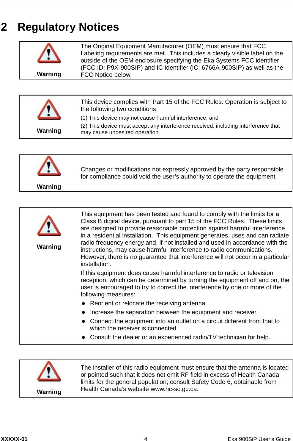  XXXXX-01 4  Eka 900SiP User’s Guide 2  Regulatory Notices   Warning The Original Equipment Manufacturer (OEM) must ensure that FCC Labeling requirements are met.  This includes a clearly visible label on the outside of the OEM enclosure specifying the Eka Systems FCC identifier (FCC ID: P9X-900SIP) and IC Identifier (IC: 6766A-900SIP) as well as the FCC Notice below.    Warning This device complies with Part 15 of the FCC Rules. Operation is subject to the following two conditions:  (1) This device may not cause harmful interference, and (2) This device must accept any interference received, including interference that may cause undesired operation.    Warning Changes or modifications not expressly approved by the party responsible for compliance could void the user’s authority to operate the equipment.     Warning This equipment has been tested and found to comply with the limits for a Class B digital device, pursuant to part 15 of the FCC Rules.  These limits are designed to provide reasonable protection against harmful interference in a residential installation.  This equipment generates, uses and can radiate radio frequency energy and, if not installed and used in accordance with the instructions, may cause harmful interference to radio communications.  However, there is no guarantee that interference will not occur in a particular installation. If this equipment does cause harmful interference to radio or television reception, which can be determined by turning the equipment off and on, the user is encouraged to try to correct the interference by one or more of the following measures:  Reorient or relocate the receiving antenna.   Increase the separation between the equipment and receiver.   Connect the equipment into an outlet on a circuit different from that to which the receiver is connected.   Consult the dealer or an experienced radio/TV technician for help.    Warning The installer of this radio equipment must ensure that the antenna is located or pointed such that it does not emit RF field in excess of Health Canada limits for the general population; consult Safety Code 6, obtainable from Health Canada’s website www.hc-sc.gc.ca.  