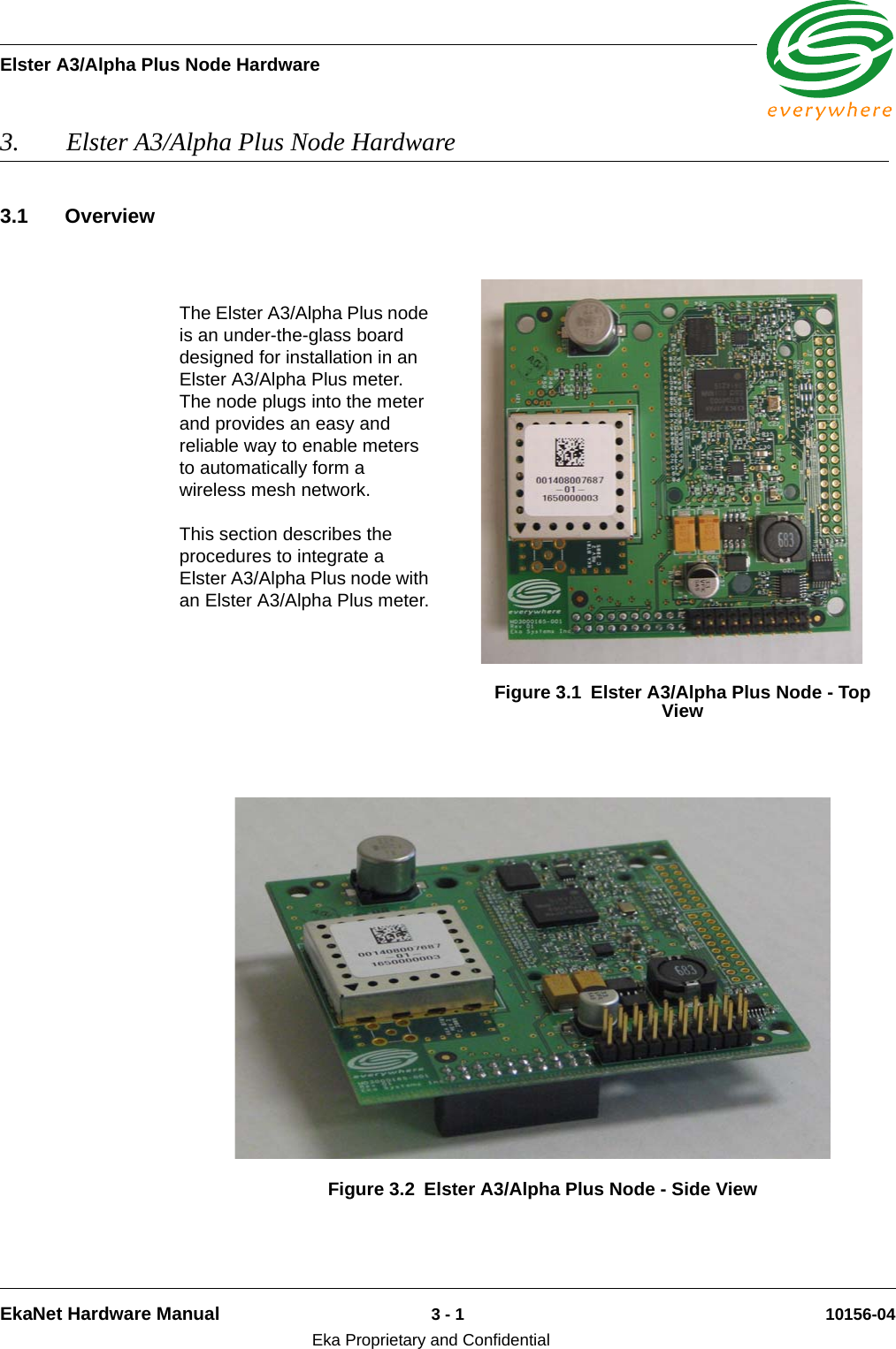 Elster A3/Alpha Plus Node HardwareEkaNet Hardware Manual 3 - 1 10156-04Eka Proprietary and Confidential3. Elster A3/Alpha Plus Node Hardware 3.1 OverviewThe Elster A3/Alpha Plus node is an under-the-glass board designed for installation in an Elster A3/Alpha Plus meter. The node plugs into the meter and provides an easy and reliable way to enable meters to automatically form a wireless mesh network. This section describes the procedures to integrate a Elster A3/Alpha Plus node with an Elster A3/Alpha Plus meter.Figure 3.1 Elster A3/Alpha Plus Node - Top ViewFigure 3.2 Elster A3/Alpha Plus Node - Side View 