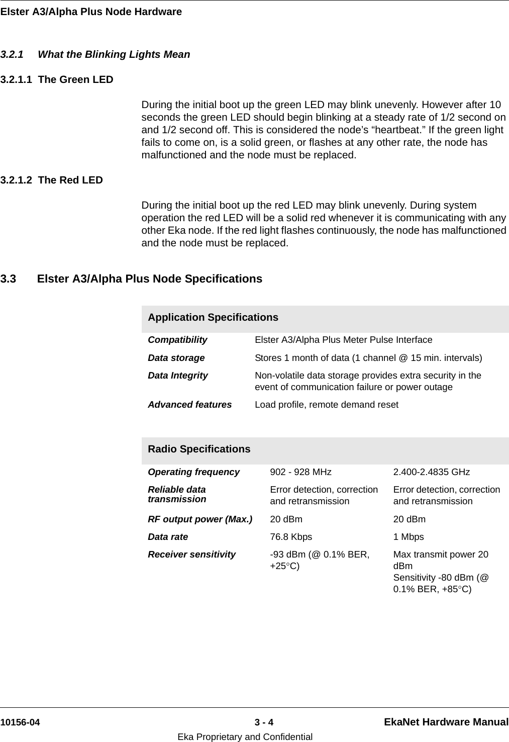 Elster A3/Alpha Plus Node Hardware10156-04 3 - 4 EkaNet Hardware ManualEka Proprietary and Confidential3.2.1 What the Blinking Lights Mean3.2.1.1 The Green LEDDuring the initial boot up the green LED may blink unevenly. However after 10 seconds the green LED should begin blinking at a steady rate of 1/2 second on and 1/2 second off. This is considered the node’s “heartbeat.” If the green light fails to come on, is a solid green, or flashes at any other rate, the node has malfunctioned and the node must be replaced. 3.2.1.2 The Red LEDDuring the initial boot up the red LED may blink unevenly. During system operation the red LED will be a solid red whenever it is communicating with any other Eka node. If the red light flashes continuously, the node has malfunctioned and the node must be replaced. 3.3 Elster A3/Alpha Plus Node SpecificationsApplication Specifications Compatibility  Elster A3/Alpha Plus Meter Pulse Interface Data storage  Stores 1 month of data (1 channel @ 15 min. intervals)Data Integrity  Non-volatile data storage provides extra security in the event of communication failure or power outage Advanced features  Load profile, remote demand resetRadio Specifications Operating frequency  902 - 928 MHz 2.400-2.4835 GHz Reliable data transmission  Error detection, correction and retransmission Error detection, correction and retransmission RF output power (Max.)  20 dBm  20 dBm Data rate  76.8 Kbps 1 Mbps Receiver sensitivity  -93 dBm (@ 0.1% BER, +25°C) Max transmit power 20 dBm Sensitivity -80 dBm (@ 0.1% BER, +85°C) 