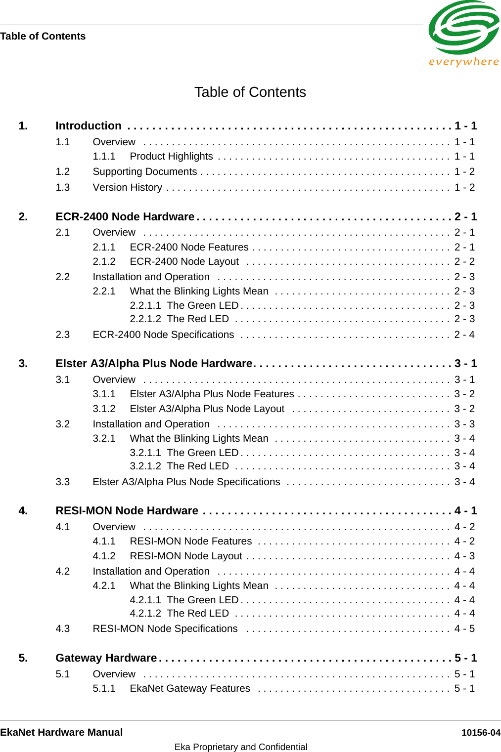 Table of ContentsEkaNet Hardware Manual 10156-04Eka Proprietary and ConfidentialTable of Contents1. Introduction  . . . . . . . . . . . . . . . . . . . . . . . . . . . . . . . . . . . . . . . . . . . . . . . . . . . . 1 - 11.1 Overview   . . . . . . . . . . . . . . . . . . . . . . . . . . . . . . . . . . . . . . . . . . . . . . . . . . . . . .  1 - 11.1.1 Product Highlights  . . . . . . . . . . . . . . . . . . . . . . . . . . . . . . . . . . . . . . . . .  1 - 11.2 Supporting Documents . . . . . . . . . . . . . . . . . . . . . . . . . . . . . . . . . . . . . . . . . . . .  1 - 21.3 Version History . . . . . . . . . . . . . . . . . . . . . . . . . . . . . . . . . . . . . . . . . . . . . . . . . .  1 - 22. ECR-2400 Node Hardware. . . . . . . . . . . . . . . . . . . . . . . . . . . . . . . . . . . . . . . . . 2 - 12.1 Overview   . . . . . . . . . . . . . . . . . . . . . . . . . . . . . . . . . . . . . . . . . . . . . . . . . . . . . .  2 - 12.1.1 ECR-2400 Node Features . . . . . . . . . . . . . . . . . . . . . . . . . . . . . . . . . . .  2 - 12.1.2 ECR-2400 Node Layout   . . . . . . . . . . . . . . . . . . . . . . . . . . . . . . . . . . . .  2 - 22.2 Installation and Operation   . . . . . . . . . . . . . . . . . . . . . . . . . . . . . . . . . . . . . . . . .  2 - 32.2.1 What the Blinking Lights Mean  . . . . . . . . . . . . . . . . . . . . . . . . . . . . . . .  2 - 32.2.1.1 The Green LED . . . . . . . . . . . . . . . . . . . . . . . . . . . . . . . . . . . . .  2 - 32.2.1.2 The Red LED  . . . . . . . . . . . . . . . . . . . . . . . . . . . . . . . . . . . . . .  2 - 32.3 ECR-2400 Node Specifications  . . . . . . . . . . . . . . . . . . . . . . . . . . . . . . . . . . . . .  2 - 43. Elster A3/Alpha Plus Node Hardware. . . . . . . . . . . . . . . . . . . . . . . . . . . . . . . . 3 - 13.1 Overview   . . . . . . . . . . . . . . . . . . . . . . . . . . . . . . . . . . . . . . . . . . . . . . . . . . . . . .  3 - 13.1.1 Elster A3/Alpha Plus Node Features . . . . . . . . . . . . . . . . . . . . . . . . . . .  3 - 23.1.2 Elster A3/Alpha Plus Node Layout   . . . . . . . . . . . . . . . . . . . . . . . . . . . .  3 - 23.2 Installation and Operation   . . . . . . . . . . . . . . . . . . . . . . . . . . . . . . . . . . . . . . . . .  3 - 33.2.1 What the Blinking Lights Mean  . . . . . . . . . . . . . . . . . . . . . . . . . . . . . . .  3 - 43.2.1.1 The Green LED . . . . . . . . . . . . . . . . . . . . . . . . . . . . . . . . . . . . .  3 - 43.2.1.2 The Red LED  . . . . . . . . . . . . . . . . . . . . . . . . . . . . . . . . . . . . . .  3 - 43.3 Elster A3/Alpha Plus Node Specifications  . . . . . . . . . . . . . . . . . . . . . . . . . . . . .  3 - 44. RESI-MON Node Hardware . . . . . . . . . . . . . . . . . . . . . . . . . . . . . . . . . . . . . . . . 4 - 14.1 Overview   . . . . . . . . . . . . . . . . . . . . . . . . . . . . . . . . . . . . . . . . . . . . . . . . . . . . . .  4 - 24.1.1 RESI-MON Node Features  . . . . . . . . . . . . . . . . . . . . . . . . . . . . . . . . . .  4 - 24.1.2 RESI-MON Node Layout . . . . . . . . . . . . . . . . . . . . . . . . . . . . . . . . . . . .  4 - 34.2 Installation and Operation   . . . . . . . . . . . . . . . . . . . . . . . . . . . . . . . . . . . . . . . . .  4 - 44.2.1 What the Blinking Lights Mean  . . . . . . . . . . . . . . . . . . . . . . . . . . . . . . .  4 - 44.2.1.1 The Green LED . . . . . . . . . . . . . . . . . . . . . . . . . . . . . . . . . . . . .  4 - 44.2.1.2 The Red LED  . . . . . . . . . . . . . . . . . . . . . . . . . . . . . . . . . . . . . .  4 - 44.3 RESI-MON Node Specifications   . . . . . . . . . . . . . . . . . . . . . . . . . . . . . . . . . . . .  4 - 55. Gateway Hardware. . . . . . . . . . . . . . . . . . . . . . . . . . . . . . . . . . . . . . . . . . . . . . . 5 - 15.1 Overview   . . . . . . . . . . . . . . . . . . . . . . . . . . . . . . . . . . . . . . . . . . . . . . . . . . . . . .  5 - 15.1.1 EkaNet Gateway Features   . . . . . . . . . . . . . . . . . . . . . . . . . . . . . . . . . .  5 - 1