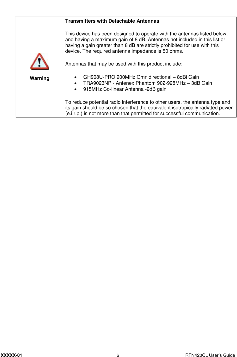  XXXXX-01 6  RFN420CL User’s Guide   Warning Transmitters with Detachable Antennas  This device has been designed to operate with the antennas listed below, and having a maximum gain of 8 dB. Antennas not included in this list or having a gain greater than 8 dB are strictly prohibited for use with this device. The required antenna impedance is 50 ohms.  Antennas that may be used with this product include:   GH908U-PRO 900MHz Omnidirectional – 8dBi Gain   TRA9023NP - Antenex Phantom 902-928MHz – 3dB Gain   915MHz Co-linear Antenna -2dB gain To reduce potential radio interference to other users, the antenna type and its gain should be so chosen that the equivalent isotropically radiated power (e.i.r.p.) is not more than that permitted for successful communication.   