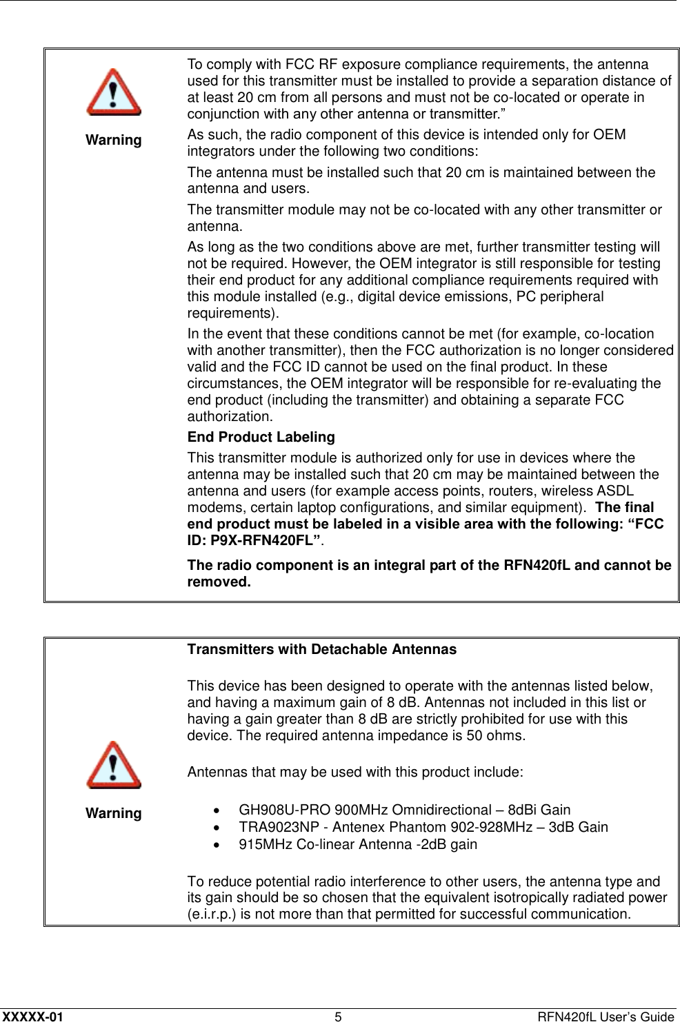 XXXXX-01 5  RFN420fL User’s Guide    Warning To comply with FCC RF exposure compliance requirements, the antenna used for this transmitter must be installed to provide a separation distance of at least 20 cm from all persons and must not be co-located or operate in conjunction with any other antenna or transmitter.” As such, the radio component of this device is intended only for OEM integrators under the following two conditions: The antenna must be installed such that 20 cm is maintained between the antenna and users. The transmitter module may not be co-located with any other transmitter or antenna. As long as the two conditions above are met, further transmitter testing will not be required. However, the OEM integrator is still responsible for testing their end product for any additional compliance requirements required with this module installed (e.g., digital device emissions, PC peripheral requirements). In the event that these conditions cannot be met (for example, co-location with another transmitter), then the FCC authorization is no longer considered valid and the FCC ID cannot be used on the final product. In these circumstances, the OEM integrator will be responsible for re-evaluating the end product (including the transmitter) and obtaining a separate FCC authorization. End Product Labeling This transmitter module is authorized only for use in devices where the antenna may be installed such that 20 cm may be maintained between the antenna and users (for example access points, routers, wireless ASDL modems, certain laptop configurations, and similar equipment).  The final end product must be labeled in a visible area with the following: “FCC ID: P9X-RFN420FL”. The radio component is an integral part of the RFN420fL and cannot be removed.    Warning Transmitters with Detachable Antennas  This device has been designed to operate with the antennas listed below, and having a maximum gain of 8 dB. Antennas not included in this list or having a gain greater than 8 dB are strictly prohibited for use with this device. The required antenna impedance is 50 ohms.  Antennas that may be used with this product include:   GH908U-PRO 900MHz Omnidirectional – 8dBi Gain   TRA9023NP - Antenex Phantom 902-928MHz – 3dB Gain   915MHz Co-linear Antenna -2dB gain To reduce potential radio interference to other users, the antenna type and its gain should be so chosen that the equivalent isotropically radiated power (e.i.r.p.) is not more than that permitted for successful communication.   