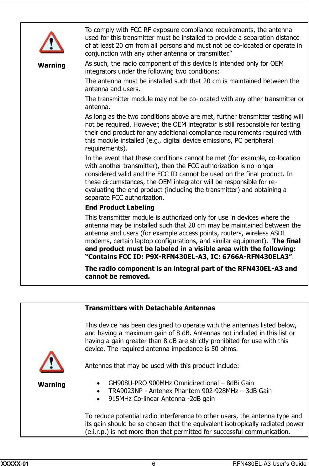  XXXXX-01 6  RFN430EL-A3 User’s Guide    Warning To comply with FCC RF exposure compliance requirements, the antenna used for this transmitter must be installed to provide a separation distance of at least 20 cm from all persons and must not be co-located or operate in conjunction with any other antenna or transmitter.” As such, the radio component of this device is intended only for OEM integrators under the following two conditions: The antenna must be installed such that 20 cm is maintained between the antenna and users. The transmitter module may not be co-located with any other transmitter or antenna. As long as the two conditions above are met, further transmitter testing will not be required. However, the OEM integrator is still responsible for testing their end product for any additional compliance requirements required with this module installed (e.g., digital device emissions, PC peripheral requirements). In the event that these conditions cannot be met (for example, co-location with another transmitter), then the FCC authorization is no longer considered valid and the FCC ID cannot be used on the final product. In these circumstances, the OEM integrator will be responsible for re-evaluating the end product (including the transmitter) and obtaining a separate FCC authorization. End Product Labeling This transmitter module is authorized only for use in devices where the antenna may be installed such that 20 cm may be maintained between the antenna and users (for example access points, routers, wireless ASDL modems, certain laptop configurations, and similar equipment).  The final end product must be labeled in a visible area with the following: “Contains FCC ID: P9X-RFN430EL-A3, IC: 6766A-RFN430ELA3”. The radio component is an integral part of the RFN430EL-A3 and cannot be removed.    Warning Transmitters with Detachable Antennas  This device has been designed to operate with the antennas listed below, and having a maximum gain of 8 dB. Antennas not included in this list or having a gain greater than 8 dB are strictly prohibited for use with this device. The required antenna impedance is 50 ohms.  Antennas that may be used with this product include:  GH908U-PRO 900MHz Omnidirectional – 8dBi Gain  TRA9023NP - Antenex Phantom 902-928MHz – 3dB Gain  915MHz Co-linear Antenna -2dB gain To reduce potential radio interference to other users, the antenna type and its gain should be so chosen that the equivalent isotropically radiated power (e.i.r.p.) is not more than that permitted for successful communication.   