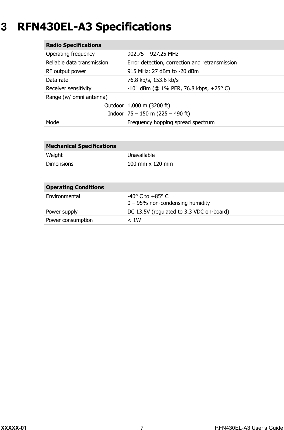  XXXXX-01 7  RFN430EL-A3 User’s Guide 3  RFN430EL-A3 Specifications Radio Specifications Operating frequency 902.75 – 927.25 MHz  Reliable data transmission Error detection, correction and retransmission  RF output power 915 MHz: 27 dBm to -20 dBm  Data rate 76.8 kb/s, 153.6 kb/s  Receiver sensitivity -101 dBm (@ 1% PER, 76.8 kbps, +25° C) Range (w/ omni antenna)  Outdoor 1,000 m (3200 ft) Indoor 75 – 150 m (225 – 490 ft) Mode Frequency hopping spread spectrum  Mechanical Specifications Weight Unavailable Dimensions 100 mm x 120 mm  Operating Conditions Environmental -40° C to +85° C 0 – 95% non-condensing humidity Power supply DC 13.5V (regulated to 3.3 VDC on-board) Power consumption &lt; 1W  