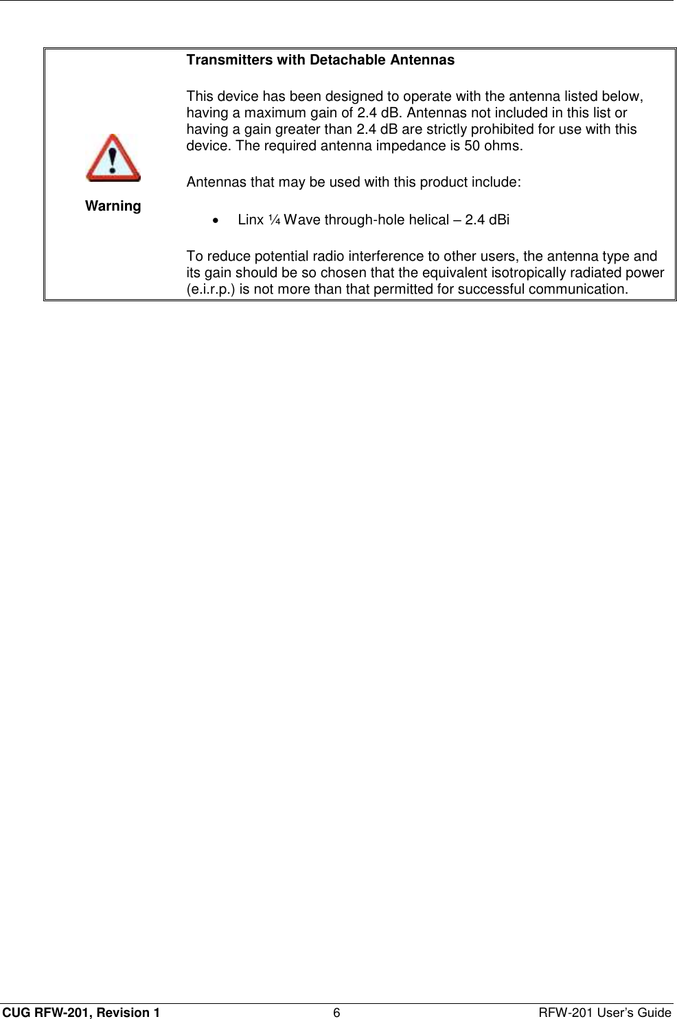  CUG RFW-201, Revision 1  6  RFW-201 User’s Guide   Warning Transmitters with Detachable Antennas  This device has been designed to operate with the antenna listed below, having a maximum gain of 2.4 dB. Antennas not included in this list or having a gain greater than 2.4 dB are strictly prohibited for use with this device. The required antenna impedance is 50 ohms.  Antennas that may be used with this product include:   Linx ¼ Wave through-hole helical – 2.4 dBi To reduce potential radio interference to other users, the antenna type and its gain should be so chosen that the equivalent isotropically radiated power (e.i.r.p.) is not more than that permitted for successful communication.  