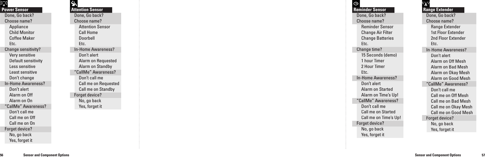5657Power SensorDone, Go back?Choose name?ApplianceChild MonitorCoffee MakerEtc.Change sensitivity?Very sensitiveDefault sensitivityLess sensitiveLeast sensitiveDon&rsquo;t change In-Home Awareness?Don&rsquo;t alertAlarm on OffAlarm on On&ldquo;CallMe&rdquo; Awareness?Don&rsquo;t call meCall me on OffCall me on OnForget device?No, go backYes, forget it Attention SensorDone, Go back?Choose name?Attention SensorCall HomeDoorbellEtc.In-Home Awareness?Don&rsquo;t alertAlarm on RequestedAlarm on Standby&ldquo;CallMe&rdquo; Awareness?Don&rsquo;t call meCall me on RequestedCall me on StandbyForget device?No, go backYes, forget itReminder SensorDone, Go back?Choose name?Reminder SensorChange Air FilterChange BatteriesEtc.Change time?15 Seconds (demo)1 hour Timer2 Hour TimerEtc.In-Home Awareness?Don&rsquo;t alertAlarm on StartedAlarm on Time&rsquo;s Up!&ldquo;CallMe&rdquo; Awareness?Don&rsquo;t call meCall me on StartedCall me on Time&rsquo;s Up!Forget device?No, go backYes, forget itRange ExtenderDone, Go back?Choose name?Range Extender1st Floor Extender2nd Floor ExtenderEtc.In-Home Awareness?Don&rsquo;t alertAlarm on Off MeshAlarm on Bad MeshAlarm on Okay MeshAlarm on Good Mesh&ldquo;CallMe&rdquo; Awareness?Don&rsquo;t call meCall me on Off MeshCall me on Bad MeshCall me on Okay MeshCall me on Good MeshForget device?No, go backYes, forget itSensor and Component OptionsSensor and Component Options