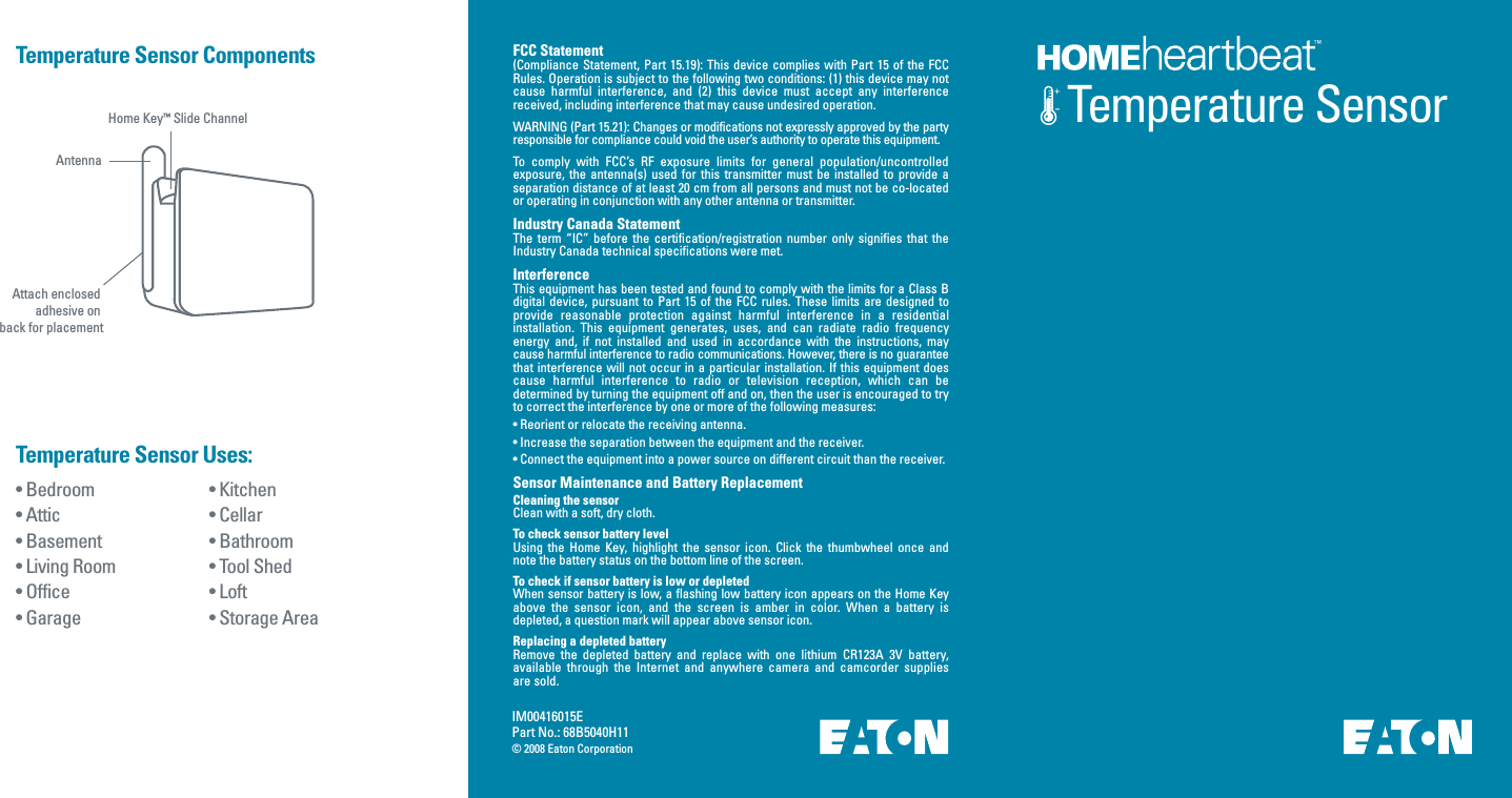 Eaton HHB2BATR Wireless Sensor User Manual Temp Sensor P1