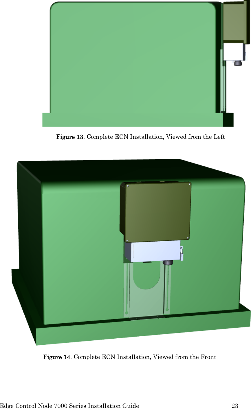  Edge Control Node 7000 Series Installation Guide         23  Figure 13. Complete ECN Installation, Viewed from the Left   Figure 14. Complete ECN Installation, Viewed from the Front  