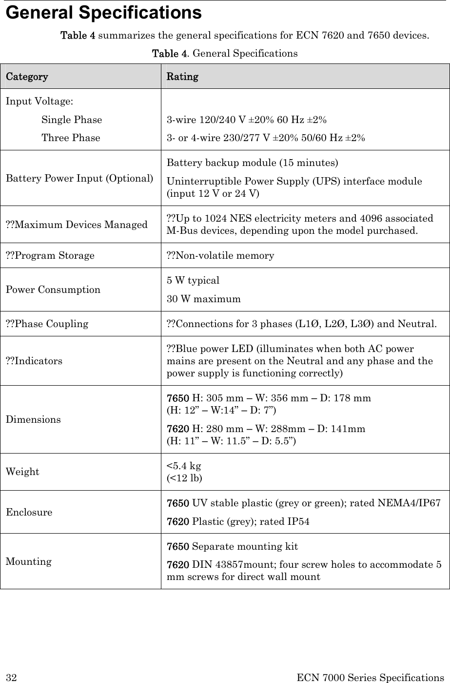 32  ECN 7000 Series Specifications General Specifications Table 4 summarizes the general specifications for ECN 7620 and 7650 devices. Table 4. General Specifications Category  Rating Input Voltage: Single Phase Three Phase  3-wire 120/240 V ±20% 60 Hz ±2% 3- or 4-wire 230/277 V ±20% 50/60 Hz ±2%  Battery Power Input (Optional) Battery backup module (15 minutes) Uninterruptible Power Supply (UPS) interface module (input 12 V or 24 V) ??Maximum Devices Managed  ??Up to 1024 NES electricity meters and 4096 associated M-Bus devices, depending upon the model purchased. ??Program Storage  ??Non-volatile memory Power Consumption  5 W typical 30 W maximum ??Phase Coupling  ??Connections for 3 phases (L1Ø, L2Ø, L3Ø) and Neutral. ??Indicators ??Blue power LED (illuminates when both AC power mains are present on the Neutral and any phase and the power supply is functioning correctly) Dimensions 7650 H: 305 mm – W: 356 mm – D: 178 mm  (H: 12” – W:14” – D: 7”) 7620 H: 280 mm – W: 288mm – D: 141mm  (H: 11” – W: 11.5” – D: 5.5”) Weight  &lt;5.4 kg  (&lt;12 lb) Enclosure  7650 UV stable plastic (grey or green); rated NEMA4/IP67 7620 Plastic (grey); rated IP54 Mounting 7650 Separate mounting kit 7620 DIN 43857mount; four screw holes to accommodate 5 mm screws for direct wall mount 