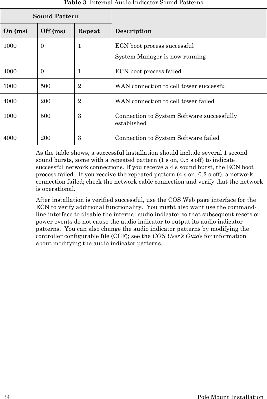 34 Pole Mount Installation  Table 3. Internal Audio Indicator Sound Patterns Sound Pattern Description On (ms) Off (ms) Repeat 1000  0  1  ECN boot process successful System Manager is now running 4000  0  1  ECN boot process failed 1000 500  2  WAN connection to cell tower successful  4000 200  2  WAN connection to cell tower failed 1000 500  3  Connection to System Software successfully established 4000  200  3  Connection to System Software failed As the table shows, a successful installation should include several 1 second sound bursts, some with a repeated pattern (1 s on, 0.5 s off) to indicate successful network connections. If you receive a 4 s sound burst, the ECN boot process failed.  If you receive the repeated pattern (4 s on, 0.2 s off), a network connection failed; check the network cable connection and verify that the network is operational. After installation is verified successful, use the COS Web page interface for the ECN to verify additional functionality.  You might also want use the command-line interface to disable the internal audio indicator so that subsequent resets or power events do not cause the audio indicator to output its audio indicator patterns.  You can also change the audio indicator patterns by modifying the controller configurable file (CCF); see the COS User’s Guide for information about modifying the audio indicator patterns.  