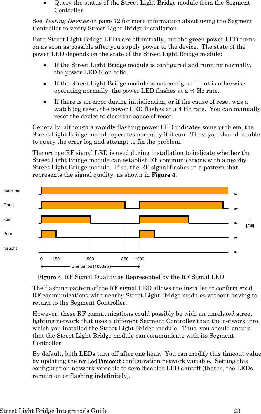  Street Light Bridge Integrator’s Guide         23 • Query the status of the Street Light Bridge module from the Segment Controller See Testing Devices on page 72 for more information about using the Segment Controller to verify Street Light Bridge installation. Both Street Light Bridge LEDs are off initially, but the green power LED turns on as soon as possible after you supply power to the device.  The state of the power LED depends on the state of the Street Light Bridge module: • If the Street Light Bridge module is configured and running normally, the power LED is on solid. • If the Street Light Bridge module is not configured, but is otherwise operating normally, the power LED flashes at a ½ Hz rate. • If there is an error during initialization, or if the cause of reset was a watchdog reset, the power LED flashes at a 4 Hz rate.  You can manually reset the device to clear the cause of reset. Generally, although a rapidly flashing power LED indicates some problem, the Street Light Bridge module operates normally if it can.  Thus, you should be able to query the error log and attempt to fix the problem.  The orange RF signal LED is used during installation to indicate whether the Street Light Bridge module can establish RF communications with a nearby Street Light Bridge module.  If so, the RF signal flashes in a pattern that represents the signal quality, as shown in Figure 4.   Figure 4. RF Signal Quality as Represented by the RF Signal LED The flashing pattern of the RF signal LED allows the installer to confirm good RF communications with nearby Street Light Bridge modules without having to return to the Segment Controller.   However, these RF communications could possibly be with an unrelated street lighting network that uses a different Segment Controller than the network into which you installed the Street Light Bridge module.  Thus, you should ensure that the Street Light Bridge module can communicate with its Segment Controller.  By default, both LEDs turn off after one hour.  You can modify this timeout value by updating the nciLedTimeout configuration network variable.  Setting this configuration network variable to zero disables LED shutoff (that is, the LEDs remain on or flashing indefinitely).  