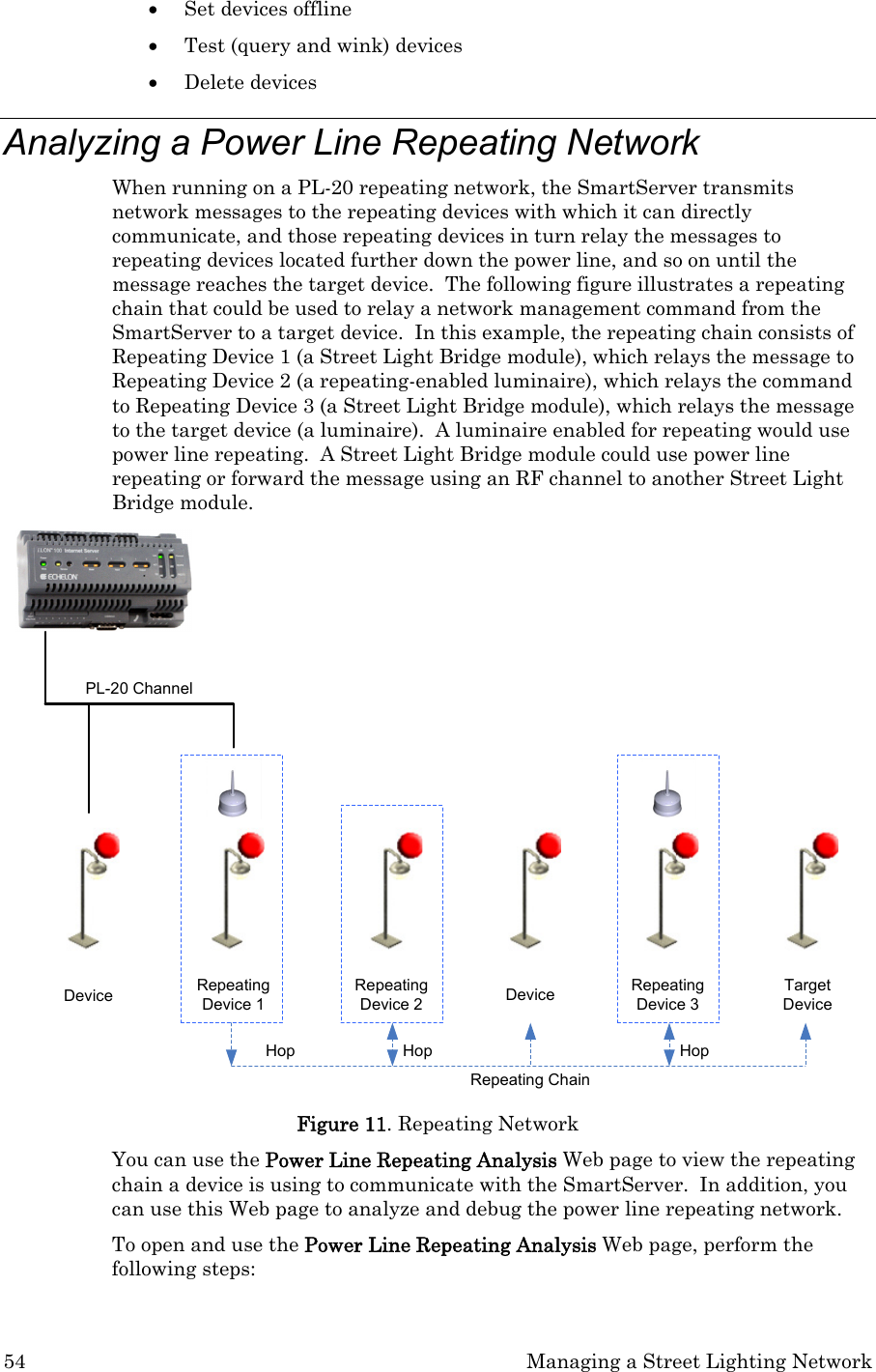 54  Managing a Street Lighting Network • Set devices offline • Test (query and wink) devices • Delete devices Analyzing a Power Line Repeating Network  When running on a PL-20 repeating network, the SmartServer transmits network messages to the repeating devices with which it can directly communicate, and those repeating devices in turn relay the messages to repeating devices located further down the power line, and so on until the message reaches the target device.  The following figure illustrates a repeating chain that could be used to relay a network management command from the SmartServer to a target device.  In this example, the repeating chain consists of Repeating Device 1 (a Street Light Bridge module), which relays the message to Repeating Device 2 (a repeating-enabled luminaire), which relays the command to Repeating Device 3 (a Street Light Bridge module), which relays the message to the target device (a luminaire).  A luminaire enabled for repeating would use power line repeating.  A Street Light Bridge module could use power line repeating or forward the message using an RF channel to another Street Light Bridge module.  PL-20 ChannelDevice Repeating Device 1Repeating Device 2 Device Repeating Device 3Target DeviceRepeating ChainHop Hop Hop Figure 11. Repeating Network You can use the Power Line Repeating Analysis Web page to view the repeating chain a device is using to communicate with the SmartServer.  In addition, you can use this Web page to analyze and debug the power line repeating network.  To open and use the Power Line Repeating Analysis Web page, perform the following steps: 