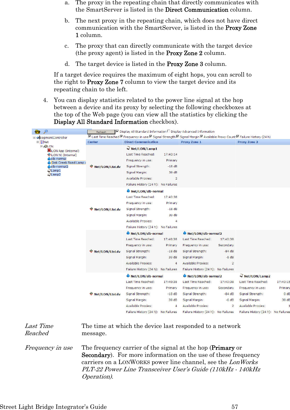  Street Light Bridge Integrator’s Guide         57 a. The proxy in the repeating chain that directly communicates with the SmartServer is listed in the Direct Communication column. b. The next proxy in the repeating chain, which does not have direct communication with the SmartServer, is listed in the Proxy Zone 1 column.   c. The proxy that can directly communicate with the target device (the proxy agent) is listed in the Proxy Zone 2 column.   d. The target device is listed in the Proxy Zone 3 column.   If a target device requires the maximum of eight hops, you can scroll to the right to Proxy Zone 7 column to view the target device and its repeating chain to the left.  4. You can display statistics related to the power line signal at the hop between a device and its proxy by selecting the following checkboxes at the top of the Web page (you can view all the statistics by clicking the Display All Standard Information checkbox).  Last Time Reached The time at which the device last responded to a network message. Frequency in use The frequency carrier of the signal at the hop (Primary or Secondary).  For more information on the use of these frequency carriers on a LONWORKS power line channel, see the LonWorks PLT-22 Power Line Transceiver User’s Guide (110kHz - 140kHz Operation). 