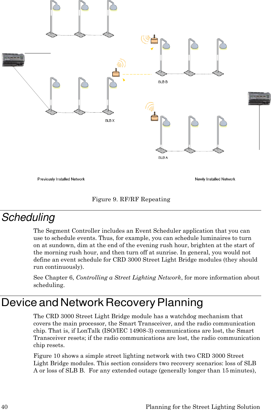 40 Planning for the Street Lighting Solution         Scheduling Figure 9. RF/RF Repeating The Segment Controller includes an Event Scheduler application that you can use to schedule events. Thus, for example, you can schedule luminaires to turn on at sundown, dim at the end of the evening rush hour, brighten at the start of the morning rush hour, and then turn off at sunrise. In general, you would not define an event schedule for CRD 3000 Street Light Bridge modules (they should run continuously). See Chapter 6, Controlling a Street Lighting Network, for more information about scheduling.  Device and Network Recovery Planning The CRD 3000 Street Light Bridge module has a watchdog mechanism that covers the main processor, the Smart Transceiver, and the radio communication chip. That is, if LonTalk (ISO/IEC 14908-3) communications are lost, the Smart Transceiver resets; if the radio communications are lost, the radio communication chip resets. Figure 10 shows a simple street lighting network with two CRD 3000 Street Light Bridge modules. This section considers two recovery scenarios: loss of SLB A or loss of SLB B.  For any extended outage (generally longer than 15 minutes), 