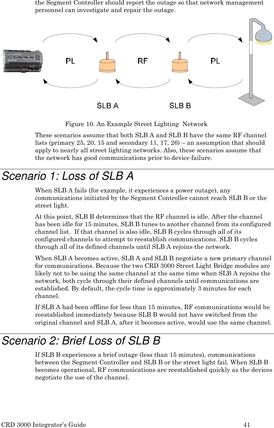 CRD 3000 Integrator’s Guide 41  the Segment Controller should report the outage so that network management personnel can investigate and repair the outage.               Figure 10. An Example Street Lighting  Network These scenarios assume that both SLB A and SLB B have the same RF channel lists (primary 25, 20, 15 and secondary 11, 17, 26) – an assumption that should apply to nearly all street lighting networks. Also, these scenarios assume that the network has good communications prior to device failure.  Scenario 1: Loss of SLB A When SLB A fails (for example, it experiences a power outage), any communications initiated by the Segment Controller cannot reach SLB B or the street light. At this point, SLB B determines that the RF channel is idle. After the channel has been idle for 15 minutes, SLB B tunes to another channel from its configured channel list.  If that channel is also idle, SLB B cycles through all of its configured channels to attempt to reestablish communications. SLB B cycles through all of its defined channels until SLB A rejoins the network. When SLB A becomes active, SLB A and SLB B negotiate a new primary channel for communications. Because the two CRD 3000 Street Light Bridge modules are likely not to be using the same channel at the same time when SLB A rejoins the network, both cycle through their defined channels until communications are established. By default, the cycle time is approximately 3 minutes for each channel. If SLB A had been offline for less than 15 minutes, RF communications would be reestablished immediately because SLB B would not have switched from the original channel and SLB A, after it becomes active, would use the same channel.  Scenario 2: Brief Loss of SLB B If SLB B experiences a brief outage (less than 15 minutes), communications between the Segment Controller and SLB B or the street light fail. When SLB B becomes operational, RF communications are reestablished quickly as the devices negotiate the use of the channel. 