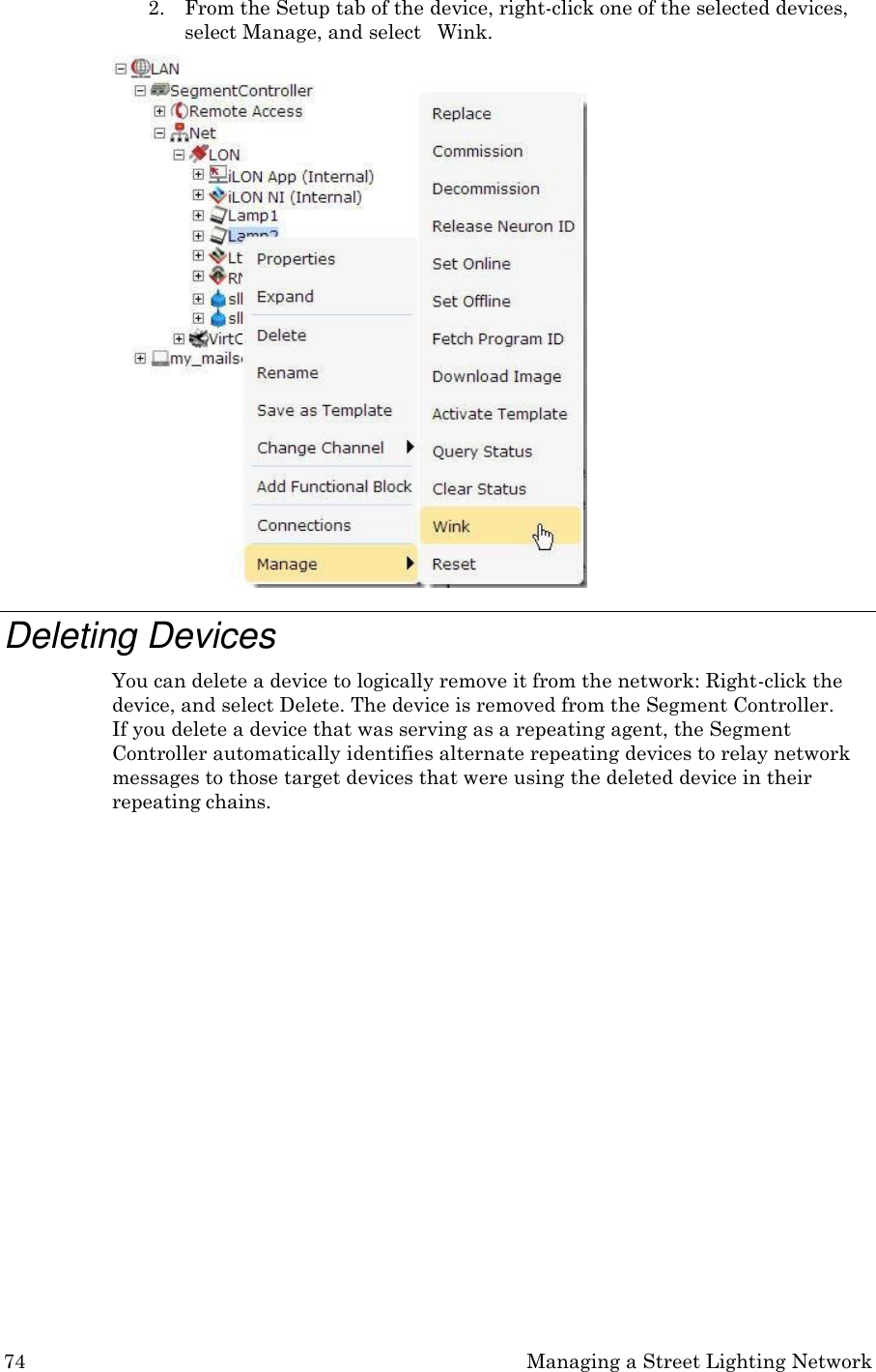74 Managing a Street Lighting Network  2. From the Setup tab of the device, right-click one of the selected devices, select Manage, and select   Wink.  Deleting Devices You can delete a device to logically remove it from the network: Right-click the device, and select Delete. The device is removed from the Segment Controller. If you delete a device that was serving as a repeating agent, the Segment Controller automatically identifies alternate repeating devices to relay network messages to those target devices that were using the deleted device in their repeating chains. 