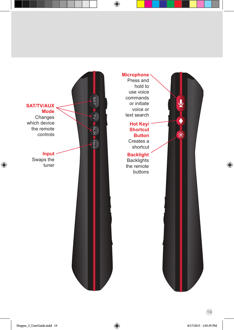19InputSwaps the tunerSAT/TV/AUX ModeChanges which device the remote controlsMicrophonePress and hold to use voice commands  or initiate voice or  text  search   BacklightBacklights the remote buttonsHot Key/Shortcut ButtonCreates a shortcutHopper_3_UserGuide.indd   19 8/17/2015   1:05:39 PM