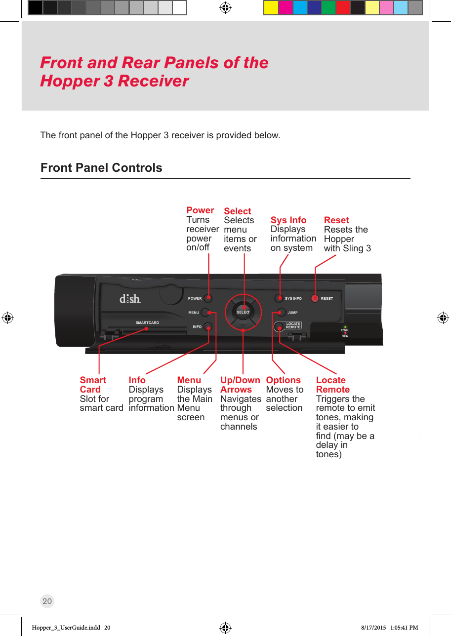 20Front and Rear Panels of the Hopper 3 ReceiverThe front panel of the Hopper 3 receiver is provided below.Front Panel ControlsPOWERMENUINFOSMARTCARDSYS INFOJUMPLOCATEREMOTERESETSELECTPWRRECResetResets the Hopper with Sling 3PowerTurns receiver power on/offSelectSelects menu items or eventsSys InfoDisplays informationon systemOptionsMoves to another selectionLocate RemoteTriggers the remote to emit tones, making it easier to find (may be a delay in tones)Up/Down ArrowsNavigates through menus or channelsMenuDisplays the Main Menu screenInfoDisplays program informationSmart CardSlot for smart card  Hopper_3_UserGuide.indd   20 8/17/2015   1:05:41 PM