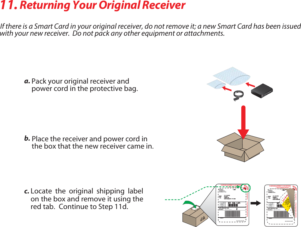  3FUVSOJOHYour Original ReceiverBPack ZPVSPSJHJOBM receiver andpower cord in the protective bag.CPlace the receiverBOEQPXFSDPSEinthe box that thenew receiver came inDLocate the original shipping labelonthe box and remove it using theredtabContinueto SteQE503&amp;563/&amp;26*1.&amp;/550%*4)/&amp;5803,3FNPWF4IJQQJOH-BCFM)FSF5VSO-BCFM0WFS 1FFMBOE&quot;QQMZ3FUVSO-BCFMUP#PYRETURNS-*&apos;5)&amp;3&amp;SHIPTO:DISH NETWORK(800) 894-9131525 DUNNETT COURTSPARTANBURG  SC  29303BILLING: P/PCUE  9.5  SCL412  96.5A  10/200920126944(111)  555-555513 MELO DRNORTH BANGOR   NY  129661LBS 1OF 1UPS 2ND DAY AIRTRACKING #: *** *** ** **** *** *1ZA1Z*8463124*44*NY  136  1-012503&amp;563/&amp;26*1.&amp;/550%*4)/&amp;5803,3FNPWF4IJQQJOH-BCFM)FSF5VSO-BCFM0WFS 1FFMBOE&quot;QQMZ3FUVSO-BCFMUP#PYSHIPTO:DISH NETWORK(800) 894-9131525 DUNNETT COURTSPARTANBURG  SC  29303BILLING: P/PCUE  9.5  SCL412  96.5A  10/200920126944(111)  555-555513 MELO DRNORTH BANGOR   NY  129661LBSUPS 2ND DAY AIRTRACKING #: *** *** ** **** *** *1ZA1Z*8463124*44*NY  136  1-012RETURNS-*&apos;5)&amp;3&amp;PEEL HERE AND *GUIFSFJTB4NBSU$BSEJOZPVSPSJHJOBMSFDFJWFSEPOPUSFNPWFJUBOFX4NBSU$BSEIBTCFFOJTTVFEXJUIZPVSOFXSFDFJWFS%POPUQBDLBOZPUIFSFRVJQNFOUPSBUUBDINFOUT