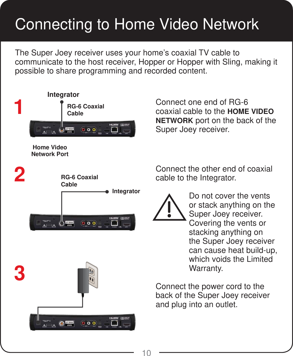 RG-6 Coaxial CableHome Video Network PortRG-6 Coaxial Cable IntegratorIntegrator10Connecting to Home Video NetworkConnect one end of RG-6 coaxial cable to the HOME VIDEO NETWORK port on the back of the Super Joey receiver.Connect the other end of coaxial cable to the Integrator. Do not cover the vents or stack anything on the Super Joey receiver. Covering the vents or stacking anything on the Super Joey receiver can cause heat build-up, which voids the Limited Warranty.Connect the power cord to the back of the Super Joey receiver and plug into an outlet.The Super Joey receiver uses your home&rsquo;s coaxial TV cable to communicate to the host receiver, Hopper or Hopper with Sling, making it possible to share programming and recorded content. 123