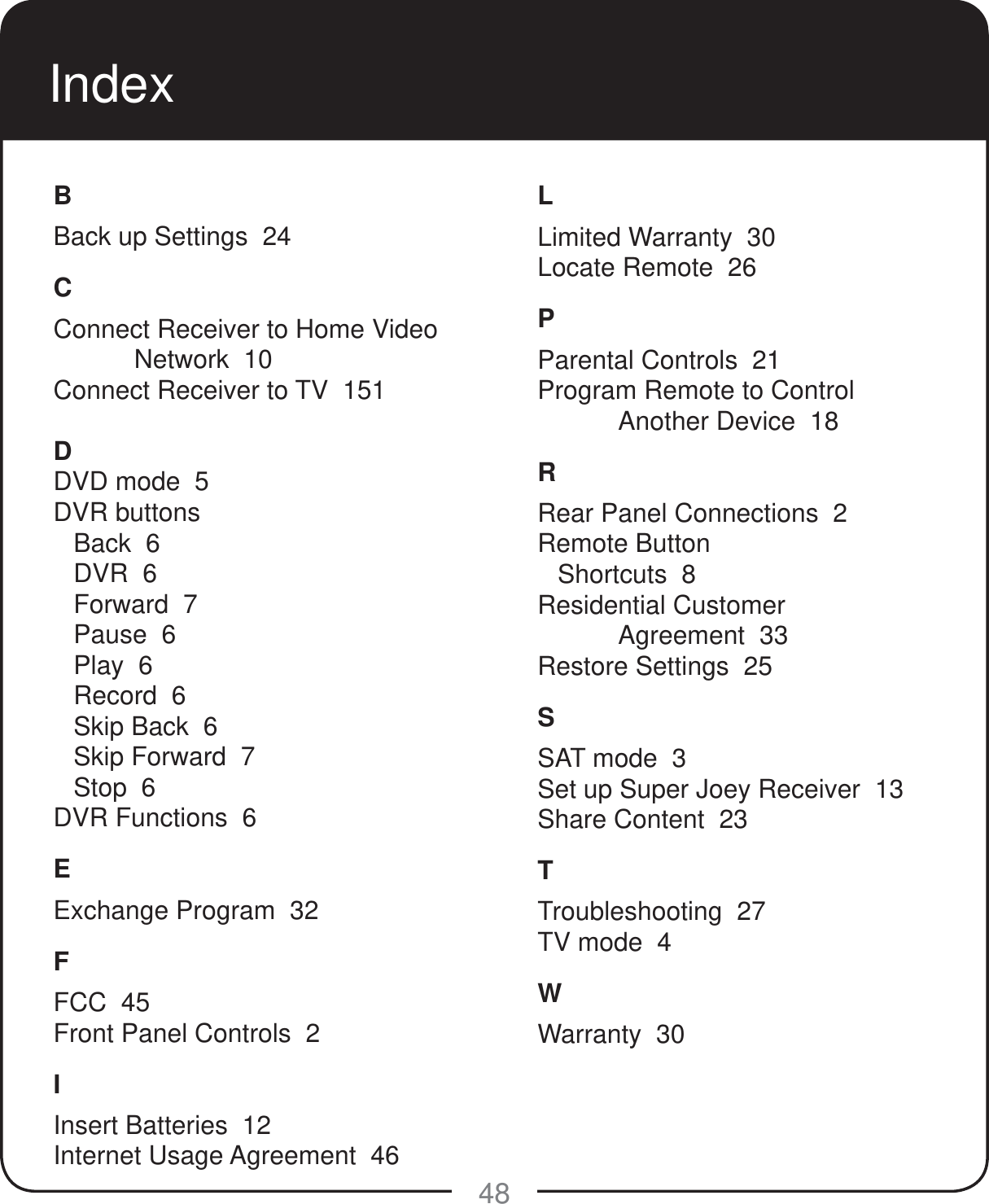48IndexLLimited Warranty  30Locate Remote  26PParental Controls  21Program Remote to Control Another Device  18RRear Panel Connections  2Remote ButtonShortcuts  8Residential Customer   Agreement  33Restore Settings  25SSAT mode  3Set up Super Joey Receiver  13Share Content  23TTroubleshooting  27TV mode  4WWarranty  30BBack up Settings  24CConnect Receiver to Home Video Network  10Connect Receiver to TV  151DDVD mode  5DVR buttonsBack  6DVR  6Forward  7Pause  6Play  6Record  6Skip Back  6Skip Forward  7Stop  6DVR Functions  6EExchange Program  32FFCC  45Front Panel Controls  2IInsert Batteries  12Internet Usage Agreement  46