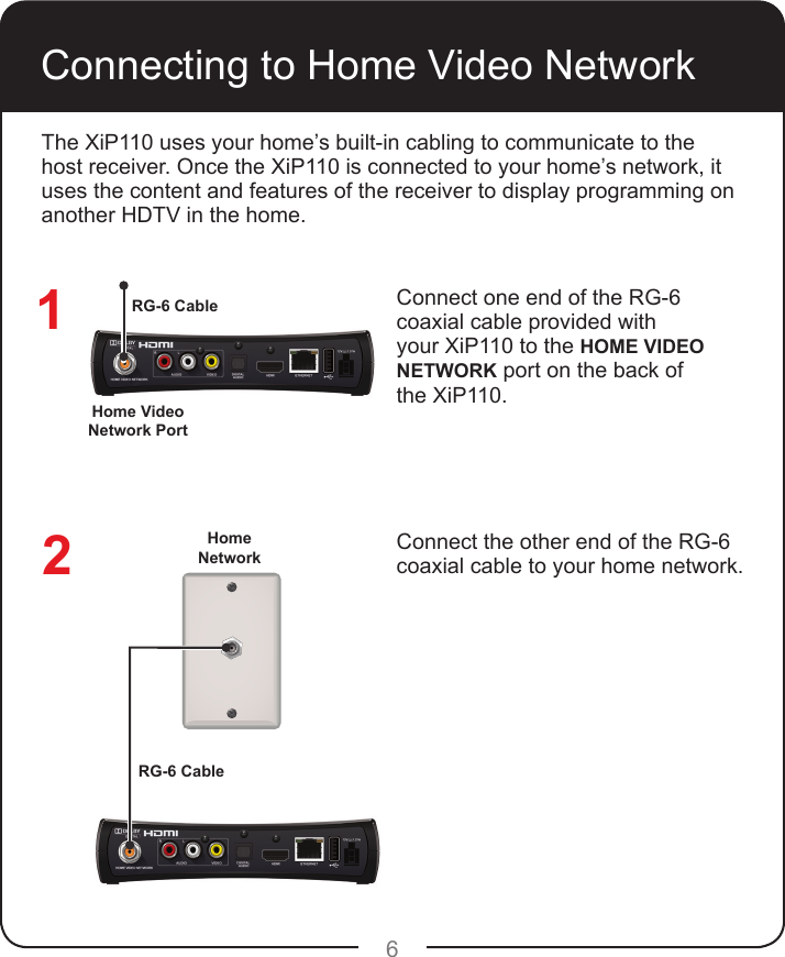 6Connecting to Home Video NetworkConnect one end of the RG-6 coaxial cable provided with your XiP110 to the HOME VIDEO NETWORK port on the back of the XiP110.Connect the other end of the RG-6 coaxial cable to your home network. The XiP110 uses your home’s built-in cabling to communicate to the host receiver. Once the XiP110 is connected to your home’s network, it uses the content and features of the receiver to display programming on another HDTV in the home.12RG-6 CableHome Video Network PortRG-6 CableHome Network