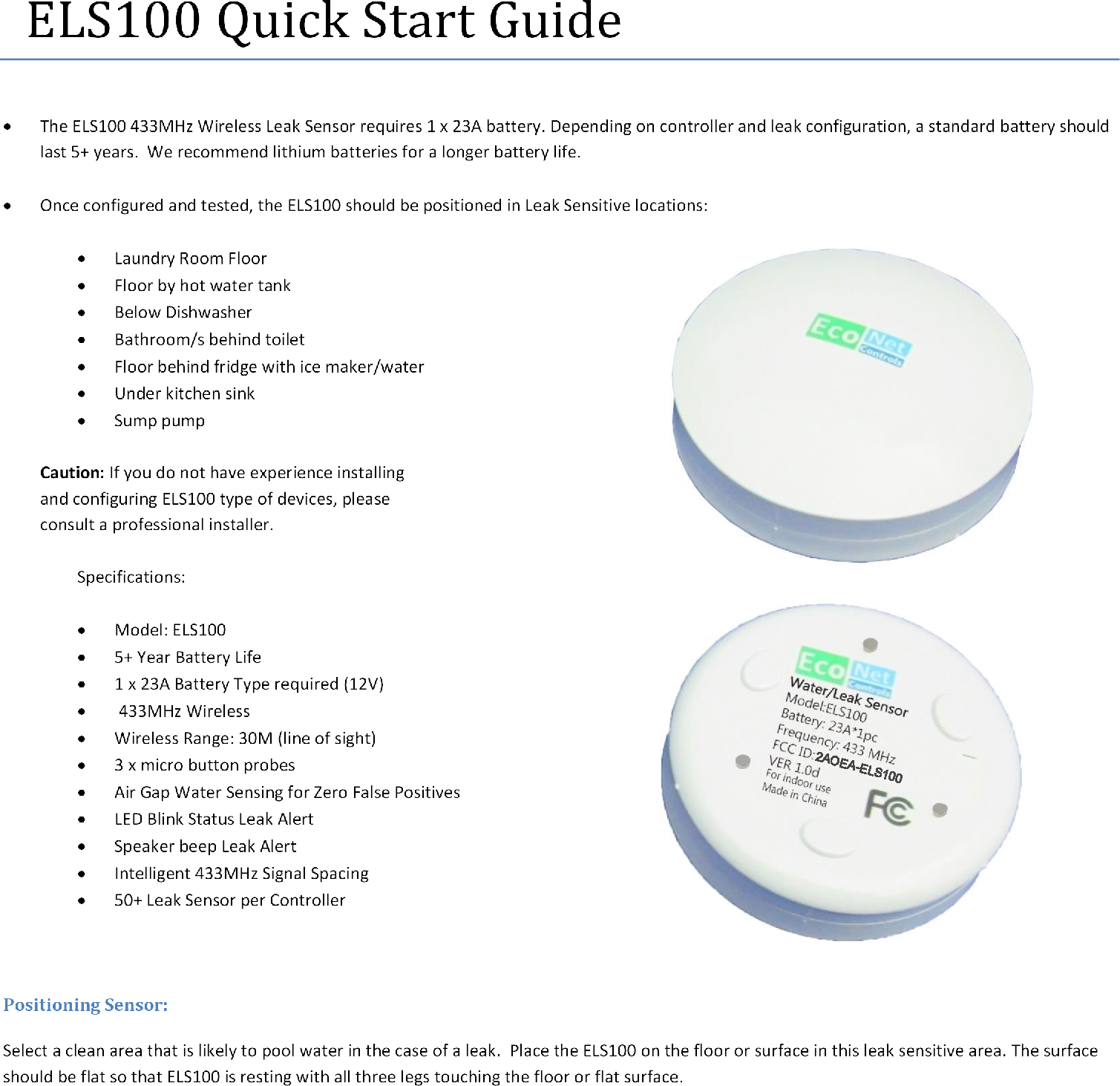 EcoNet Controls ELS100 433MHz water leak sensor User Manual