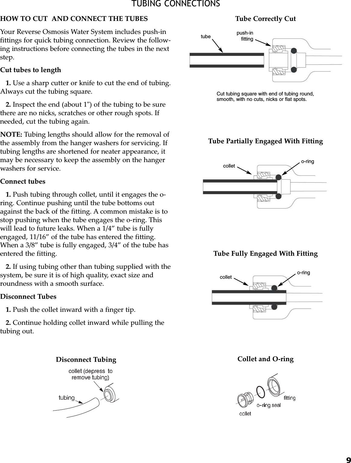9TUBING CONNECTIONSHOW TO CUT  AND CONNECT THE TUBESYour Reverse Osmosis Water System includes push-infittings for quick tubing connection. Review the follow-ing instructions before connecting the tubes in the nextstep.Cut tubes to length1. Use a sharp cutter or knife to cut the end of tubing.Always cut the tubing square.2. Inspect the end (about 1&quot;) of the tubing to be surethere are no nicks, scratches or other rough spots. Ifneeded, cut the tubing again.NOTE: Tubing lengths should allow for the removal ofthe assembly from the hanger washers for servicing. Iftubing lengths are shortened for neater appearance, itmay be necessary to keep the assembly on the hangerwashers for service.Connect tubes1. Push tubing through collet, until it engages the o-ring. Continue pushing until the tube bottoms outagainst the back of the fitting. A common mistake is tostop pushing when the tube engages the o-ring. Thiswill lead to future leaks. When a 1/4” tube is fullyengaged, 11/16” of the tube has entered the fitting.When a 3/8” tube is fully engaged, 3/4” of the tube hasentered the fitting.2. If using tubing other than tubing supplied with thesystem, be sure it is of high quality, exact size androundness with a smooth surface. Disconnect Tubes 1. Push the collet inward with a finger tip.2. Continue holding collet inward while pulling thetubing out.Cut tubing square with end of tubing round,smooth, with no cuts, nicks or flat spots.Tube Correctly CutTube Partially Engaged With FittingTube Fully Engaged With FittingCollet and O-ringDisconnect Tubingtube push-infittingcolletcolleto-ringo-ring