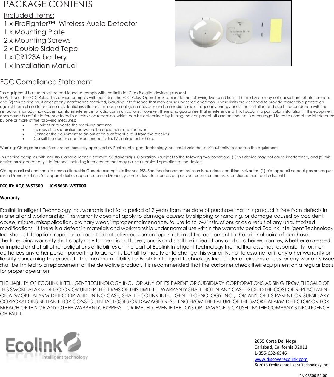 Ecolink Intelligent Technology WST600 Wireless Sensor User Manual ...