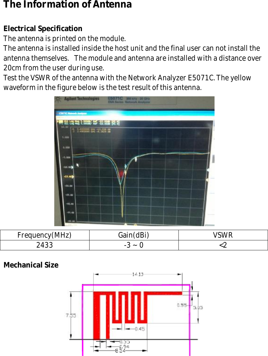 The Information of Antenna  Electrical Specification  The antenna is printed on the module. The antenna is installed inside the host unit and the final user can not install the antenna themselves.  The module and antenna are installed with a distance over 20cm from the user during use. Test the VSWR of the antenna with the Network Analyzer E5071C. The yellow waveform in the figure below is the test result of this antenna.   Frequency(MHz) Gain(dBi) VSWR 2433 -3 ~ 0 <2  Mechanical Size    