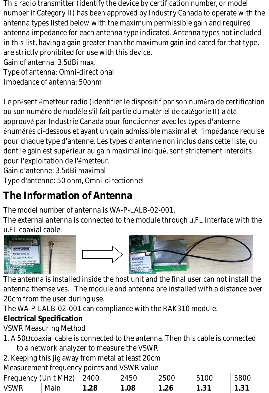 This radio transmitter (identify the device by certification number,  or model number if Category II) has been approved by Industry Canada to operate with the antenna types listed below with the maximum permissible gain and required antenna impedance for each antenna type indicated. Antenna types not included in this list, having a gain greater than the maximum gain indicated for that type, are strictly prohibited for use with this device.  Gain of antenna: 3.5dBi max. Type of antenna: Omni-directional Impedance of antenna: 50ohm   Le pr&eacute;sent &eacute;metteur radio (identifier le dispositif par son num&eacute;ro de certification ou son num&eacute;ro de mod&egrave;le s'il fait partie du mat&eacute;riel de cat&eacute;gorie II) a &eacute;t&eacute; approuv&eacute; par Industrie Canada pour fonctionner avec les types d'antenne &eacute;num&eacute;r&eacute;s ci-dessous et ayant un gain admissible maximal et l'imp&eacute;dance requise pour chaque type d'antenne. Les types d'antenne non inclus dans cette liste, ou dont le gain est sup&eacute;rieur au gain maximal indiqu&eacute;, sont strictement interdits pour l'exploitation de l'&eacute;metteur. Gain d'antenne: 3.5dBi maximal Type d'antenne: 50 ohm, Omni-directionnel The Information of Antenna The model number of antenna is WA-P-LALB-02-001. The external antenna is connected to the module through u.FL interface with the u.FL coaxial cable.                 The antenna is installed inside the host unit and the final user can not install the antenna themselves.  The module and antenna are installed with a distance over 20cm from the user during use. The WA-P-LALB-02-001 can compliance with the RAK310 module. Electrical Specification  VSWR Measuring Method 1. A 50&Omega;coaxial cable is connected to the antenna. Then this cable is connected  to a network analyzer to measure the VSWR 2. Keeping this jig away from metal at least 20cm Measurement frequency points and VSWR value Frequency (Unit MHz) 2400 2450 2500 5100 5800 VSWR Main 1.28 1.08 1.26 1.31 1.31 