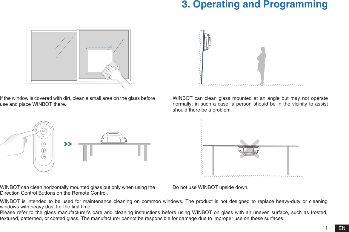 11 ENWINBOT  is  intended  to  be  used  for  maintenance  cleaning  on  common  windows.  The  product  is  not  designed  to  replace  heavy-duty  or  cleaning windows with heavy dust for the rst time.Please refer  to the  glass  manufacturer's  care  and cleaning  instructions before  using WINBOT  on glass  with  an  uneven  surface, such  as frosted, textured, patterned, or coated glass. The manufacturer cannot be responsible for damage due to improper use on these surfaces.3. Operating and ProgrammingWINBOT can clean horizontally mounted glass but only when using the Direction Control Buttons on the Remote Control. Do not use WINBOT upside down.If the window is covered with dirt, clean a small area on the glass before use and place WINBOT there.WINBOT  can  clean glass  mounted  at  an  angle  but  may  not operate normally; in such a case, a person should be in the vicinity to assist should there be a problem.