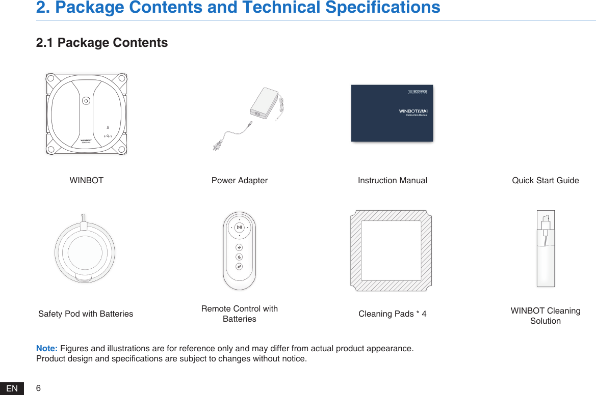 6EN2.1 Package ContentsWINBOTSafety Pod with BatteriesPower AdapterRemote Control with BatteriesInstruction ManualCleaning Pads * 4Quick Start GuideWINBOT Cleaning Solution2. Package Contents and Technical Specifications Note: Figures and illustrations are for reference only and may differ from actual product appearance.Product design and specications are subject to changes without notice.
