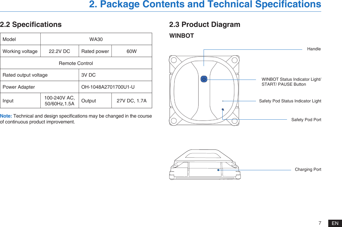 7EN2.2 Specifications 2.3 Product DiagramWINBOT2. Package Contents and Technical Specifications Model WA30Working voltage 22.2V DC Rated power  60WRemote ControlRated output voltage 3V DCPower Adapter OH-1048A2701700U1-UInput 100-240V AC, 50/60Hz,1.5A Output 27V DC, 1.7ANote: Technical and design specications may be changed in the course of continuous product improvement.HandleCharging PortSafety Pod Status Indicator LightSafety Pod Port WINBOT Status Indicator Light/START/ PAUSE Button