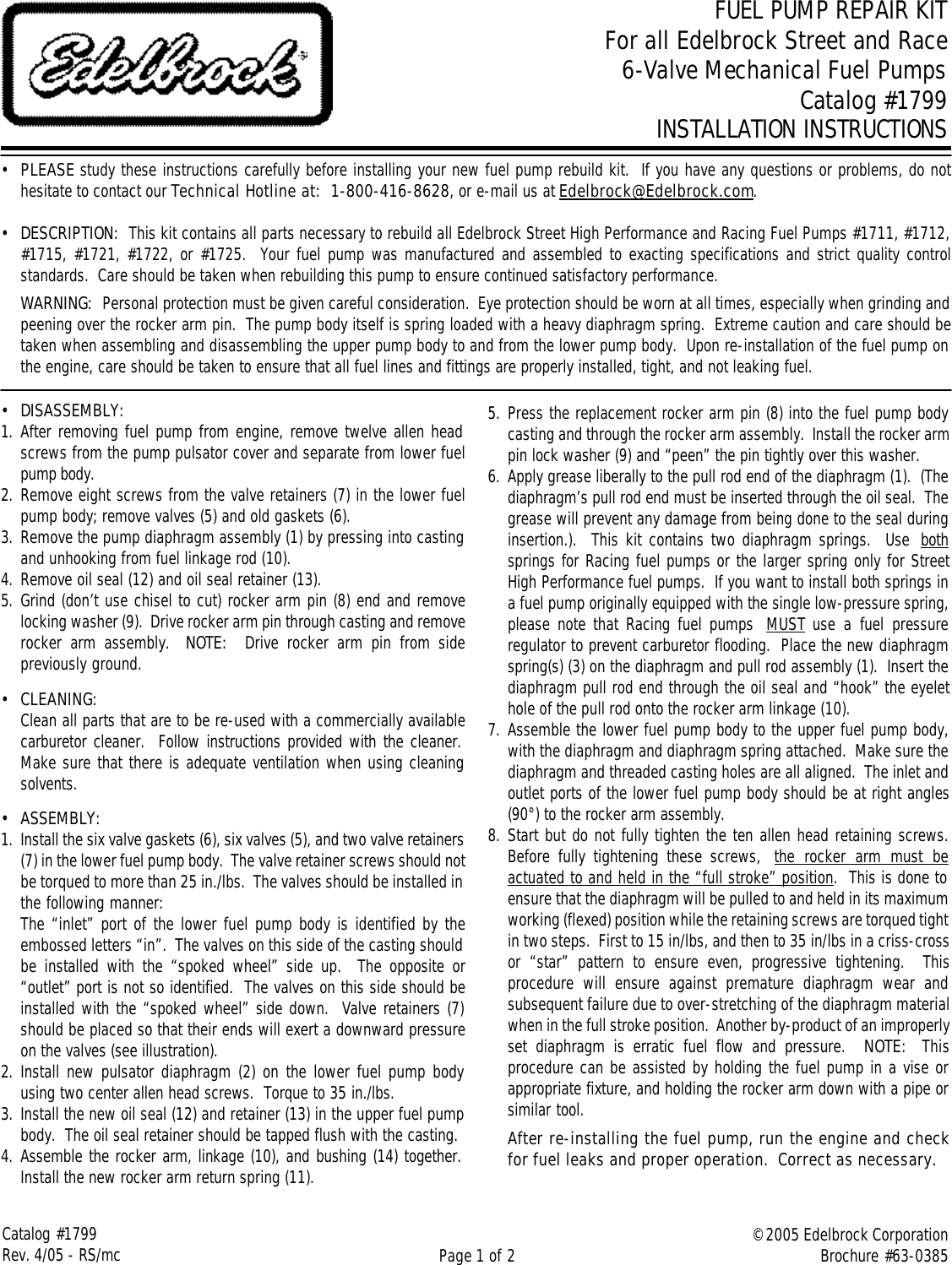 Page 1 of 2 - Edelbrock Edelbrock-1799-Users-Manual- 1799 - Fuel Pump Repair Kit For 6-Valve Mechanical Pumps  Edelbrock-1799-users-manual