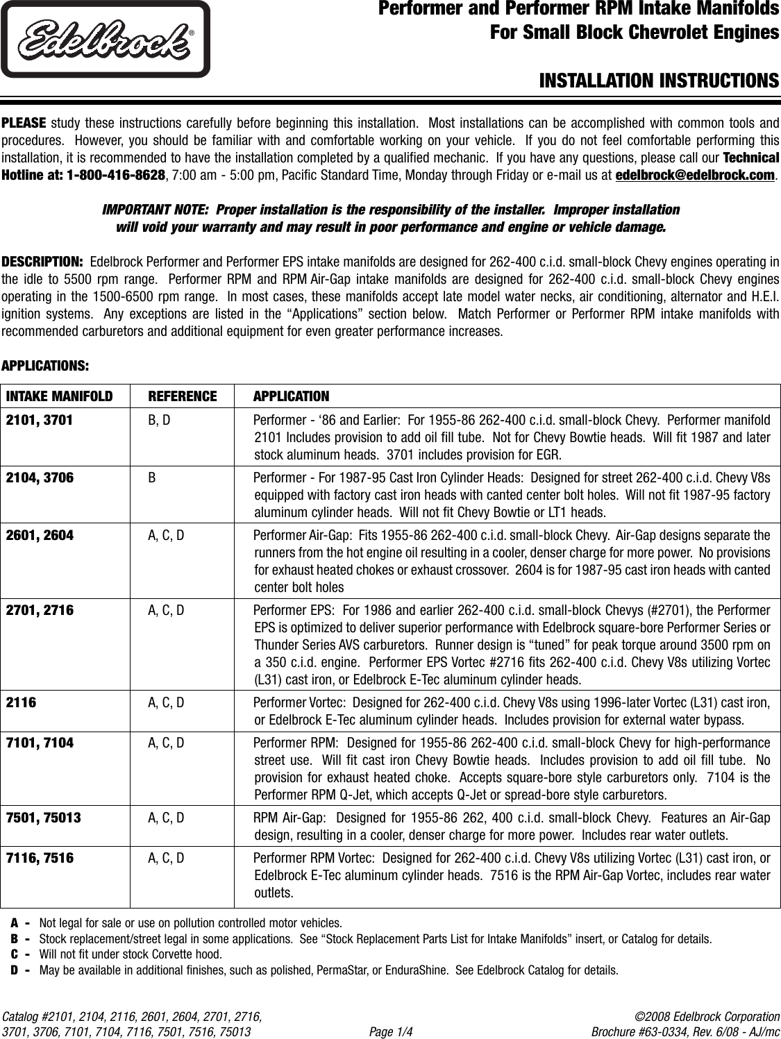 Page 1 of 4 - Edelbrock Edelbrock-2101-Users-Manual- 2101, 2104, 2116, 2601, 2604, 2701, 2716, 3701, 3706, 7101, 7104, 7116, 7501, 7516, 75013 - Performer And RPM Intake Edelbrock-2101-users-manual