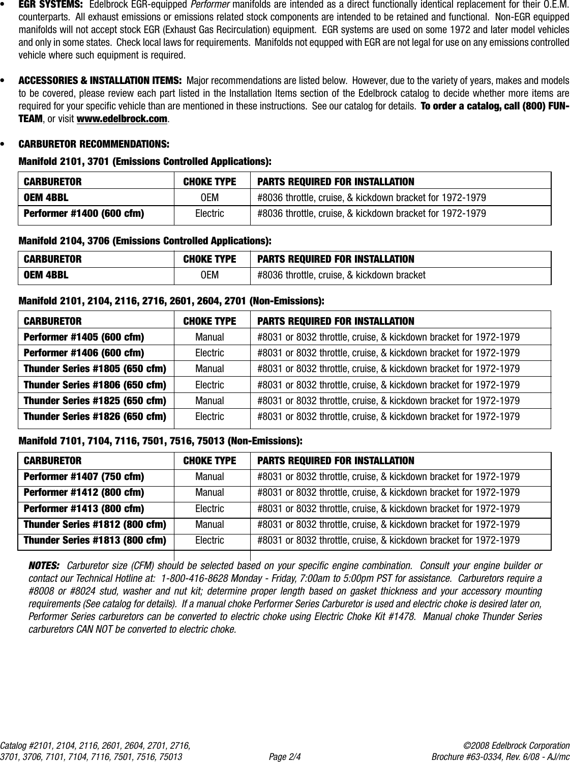 Page 2 of 4 - Edelbrock Edelbrock-2101-Users-Manual- 2101, 2104, 2116, 2601, 2604, 2701, 2716, 3701, 3706, 7101, 7104, 7116, 7501, 7516, 75013 - Performer And RPM Intake Edelbrock-2101-users-manual