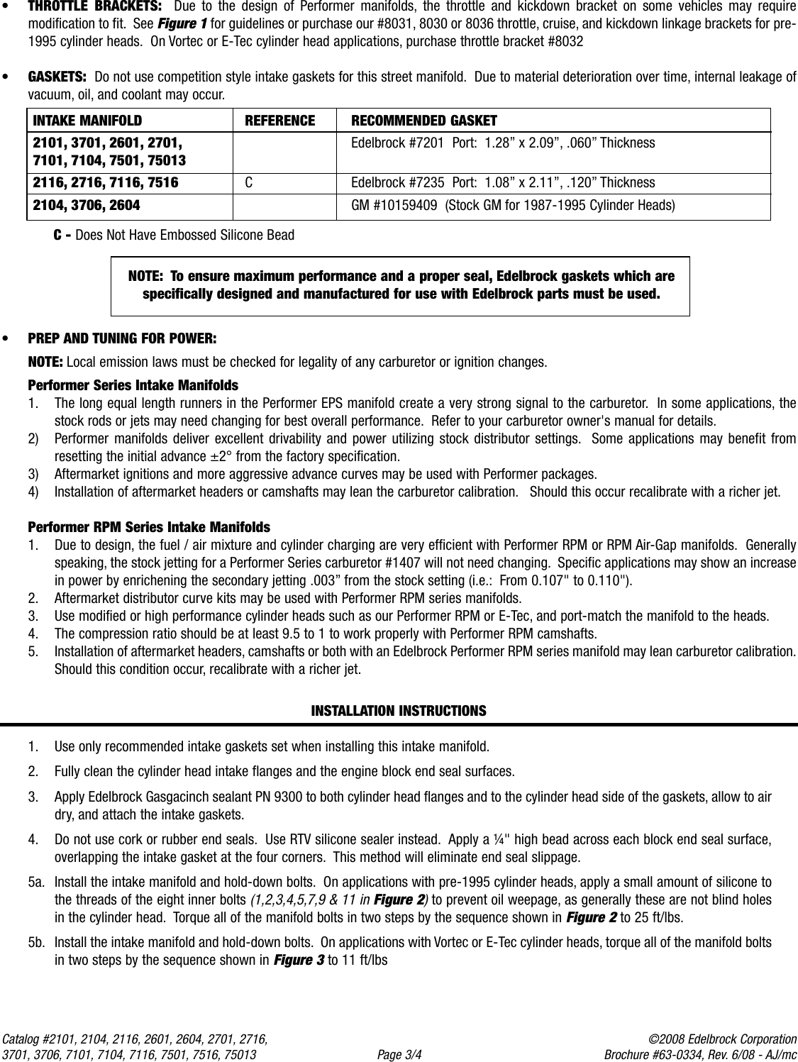Page 3 of 4 - Edelbrock Edelbrock-2101-Users-Manual- 2101, 2104, 2116, 2601, 2604, 2701, 2716, 3701, 3706, 7101, 7104, 7116, 7501, 7516, 75013 - Performer And RPM Intake Edelbrock-2101-users-manual