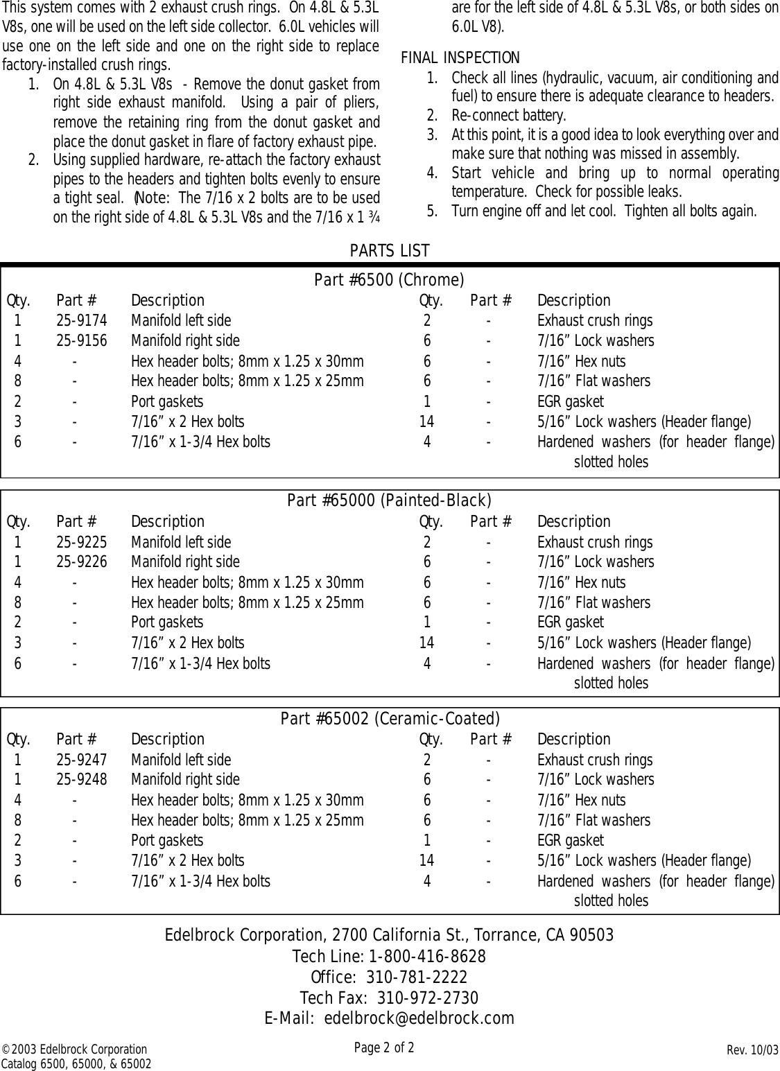 Page 2 of 2 - Edelbrock Edelbrock-6500-Users-Manual- 6500,