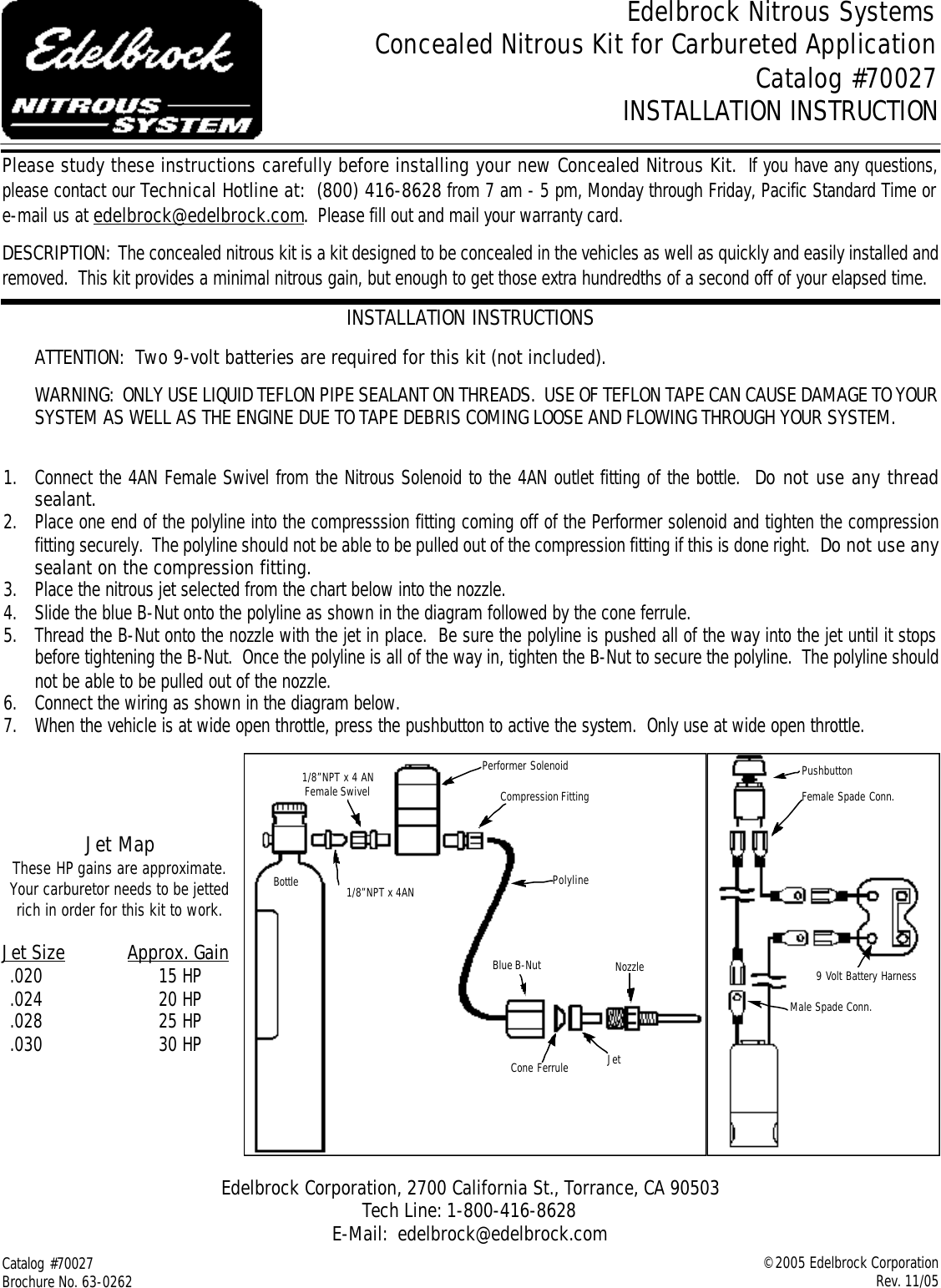 Edelbrock 70027 Users Manual Nitrous Concealed Kit For Carbureted Application