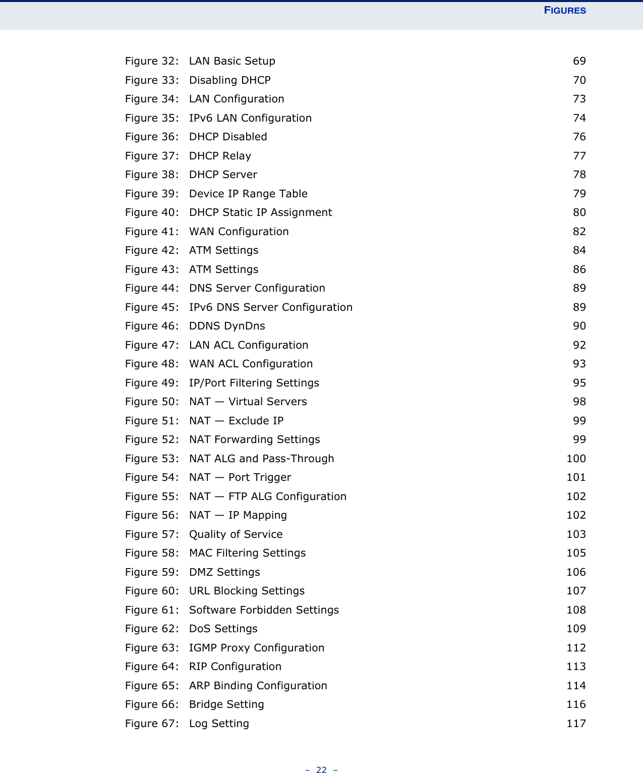 FIGURES–  22  –Figure 32: LAN Basic Setup 69Figure 33: Disabling DHCP 70Figure 34: LAN Configuration 73Figure 35: IPv6 LAN Configuration 74Figure 36: DHCP Disabled 76Figure 37: DHCP Relay 77Figure 38: DHCP Server 78Figure 39: Device IP Range Table 79Figure 40: DHCP Static IP Assignment 80Figure 41: WAN Configuration 82Figure 42: ATM Settings 84Figure 43: ATM Settings 86Figure 44: DNS Server Configuration 89Figure 45: IPv6 DNS Server Configuration 89Figure 46: DDNS DynDns 90Figure 47: LAN ACL Configuration 92Figure 48: WAN ACL Configuration 93Figure 49: IP/Port Filtering Settings 95Figure 50: NAT — Virtual Servers 98Figure 51: NAT — Exclude IP 99Figure 52: NAT Forwarding Settings 99Figure 53: NAT ALG and Pass-Through 100Figure 54: NAT — Port Trigger 101Figure 55: NAT — FTP ALG Configuration 102Figure 56: NAT — IP Mapping 102Figure 57: Quality of Service 103Figure 58: MAC Filtering Settings 105Figure 59: DMZ Settings 106Figure 60: URL Blocking Settings 107Figure 61: Software Forbidden Settings 108Figure 62: DoS Settings 109Figure 63: IGMP Proxy Configuration 112Figure 64: RIP Configuration 113Figure 65: ARP Binding Configuration 114Figure 66: Bridge Setting 116Figure 67: Log Setting 117